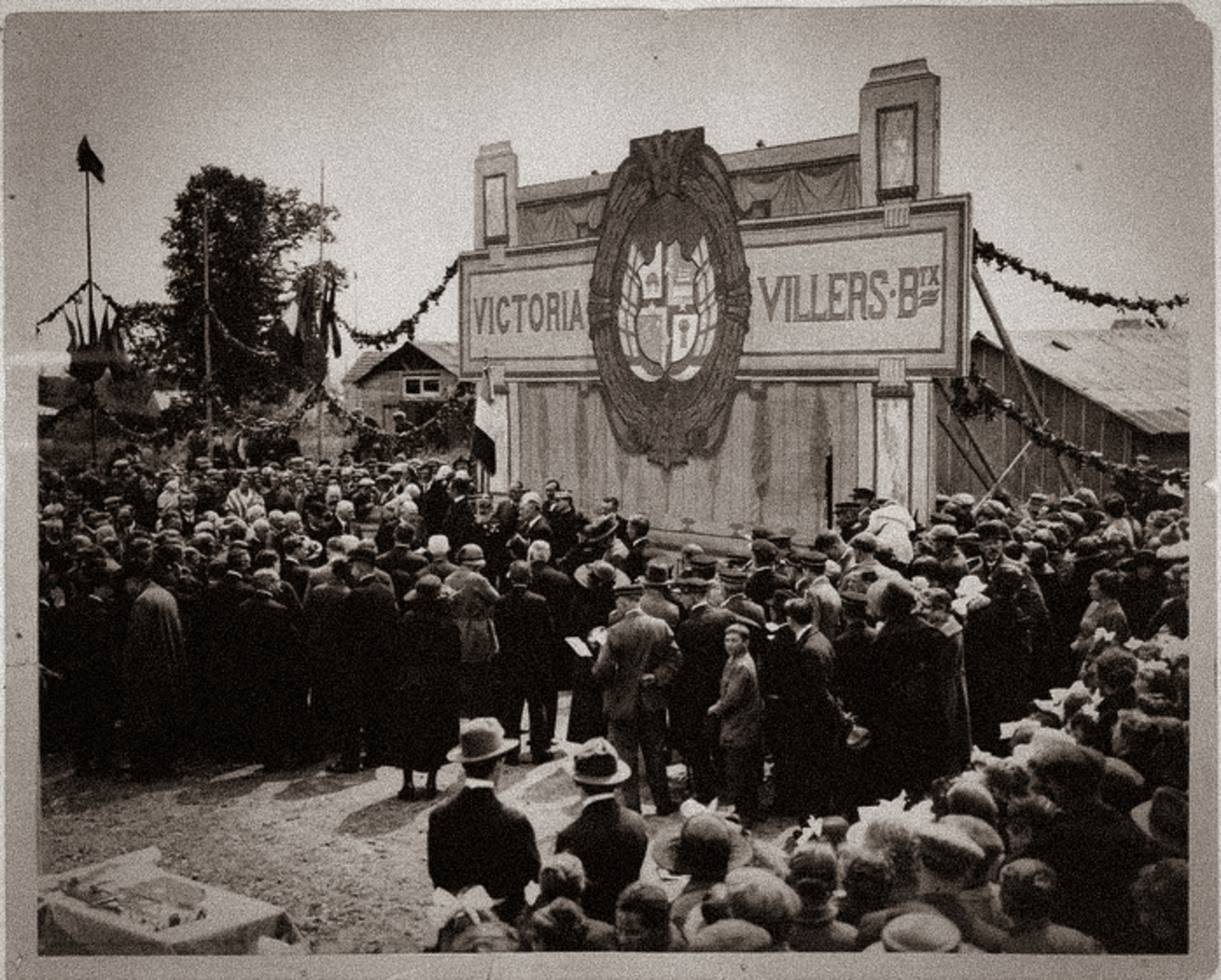 Archival photograph of the foundation stone laying ceremony for Victoria School, Villers-Bretonneux, France, 25 August 1921, during the visit of Australian Prime Minister W.M. Hughes. Photo: Jon L Arthur