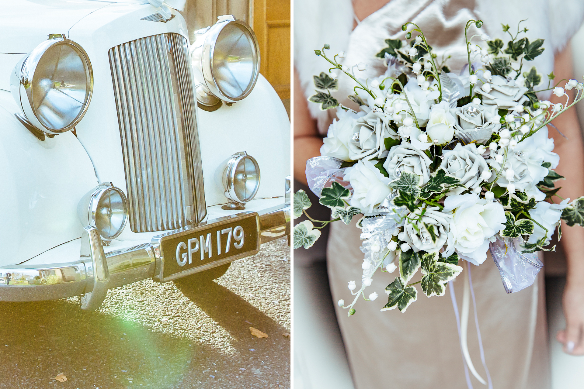 Wedding car and bridal bouquet at a wedding in Derbyshire
