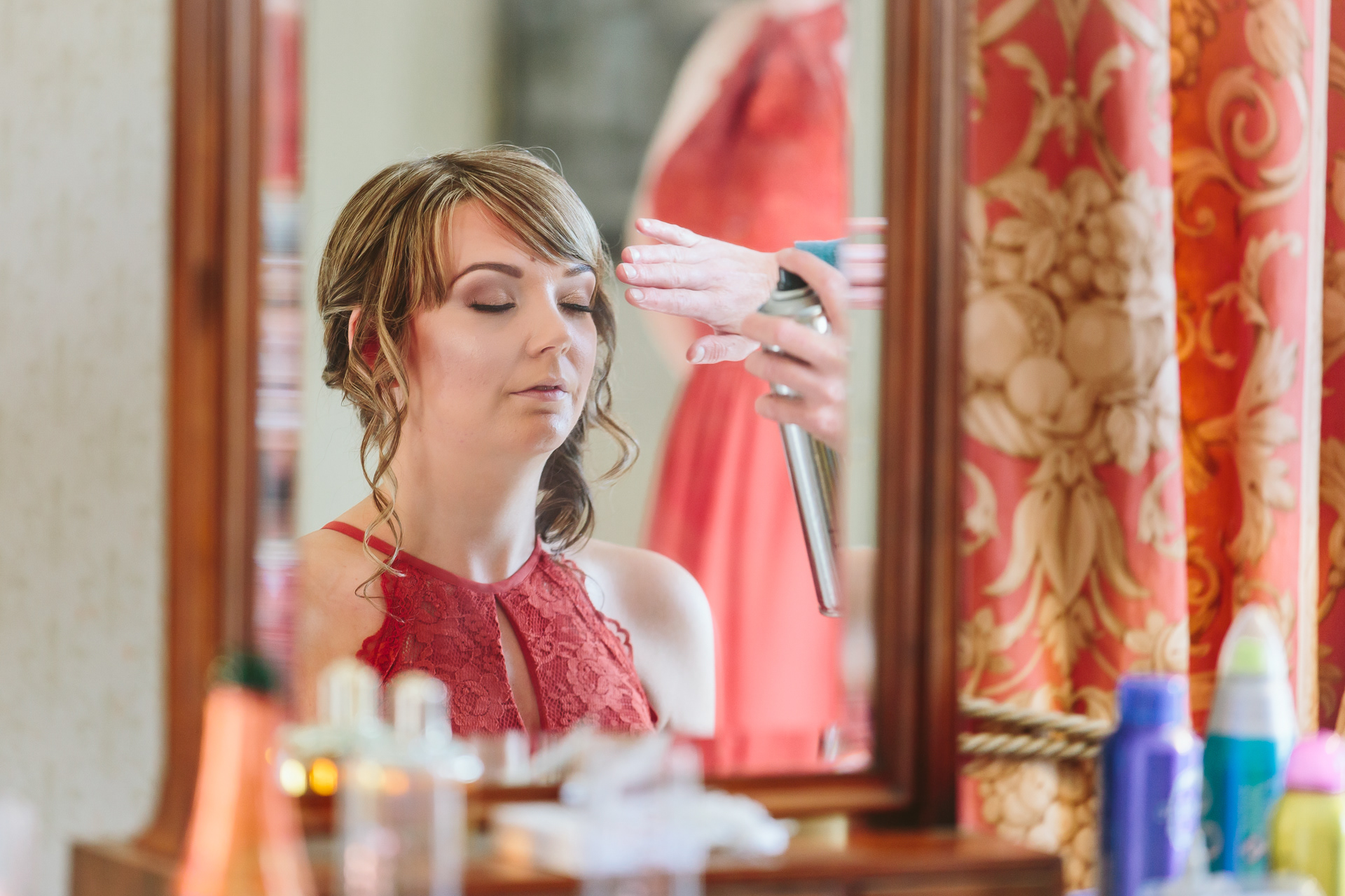 A bridesmaid getting ready for a wedding in Yorkshire, England