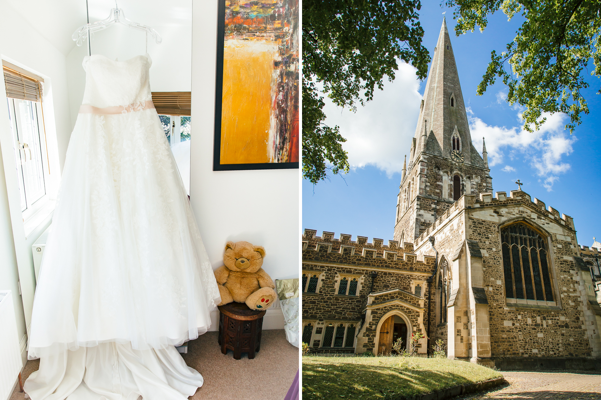 Wedding dress and church at a wedding in Bedfordshire
