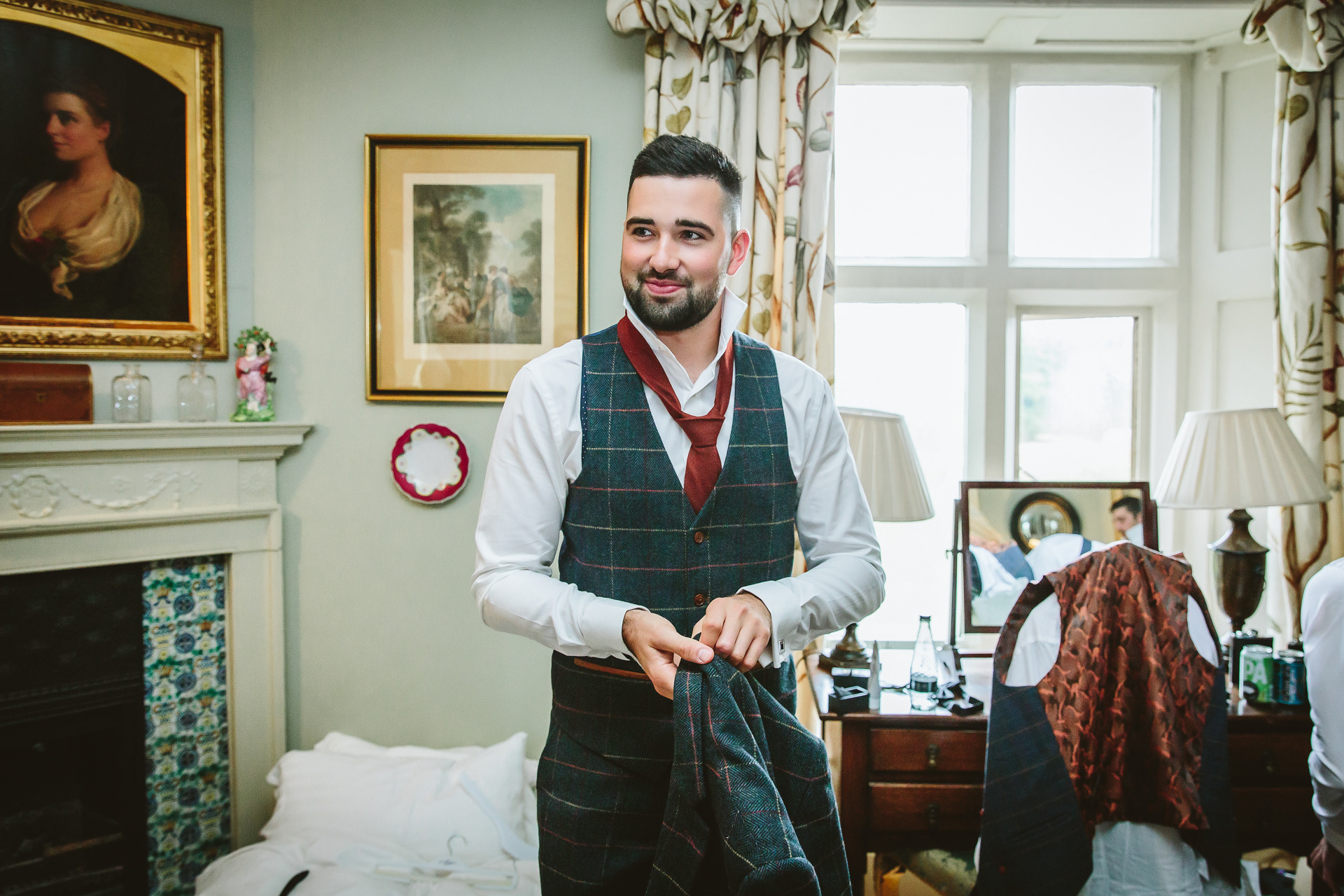 Groom getting ready for a wedding in Yorkshire, England