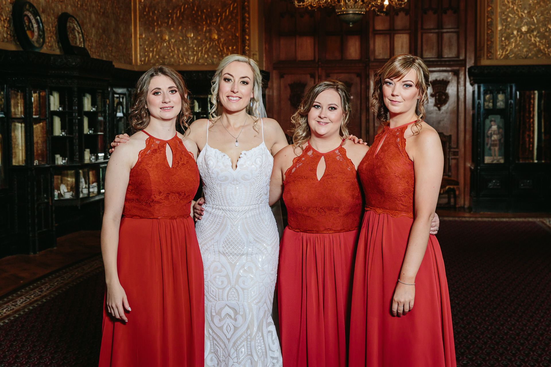 Bride and bridesmaids at a wedding at Carlton Towers, Yorkshire, England