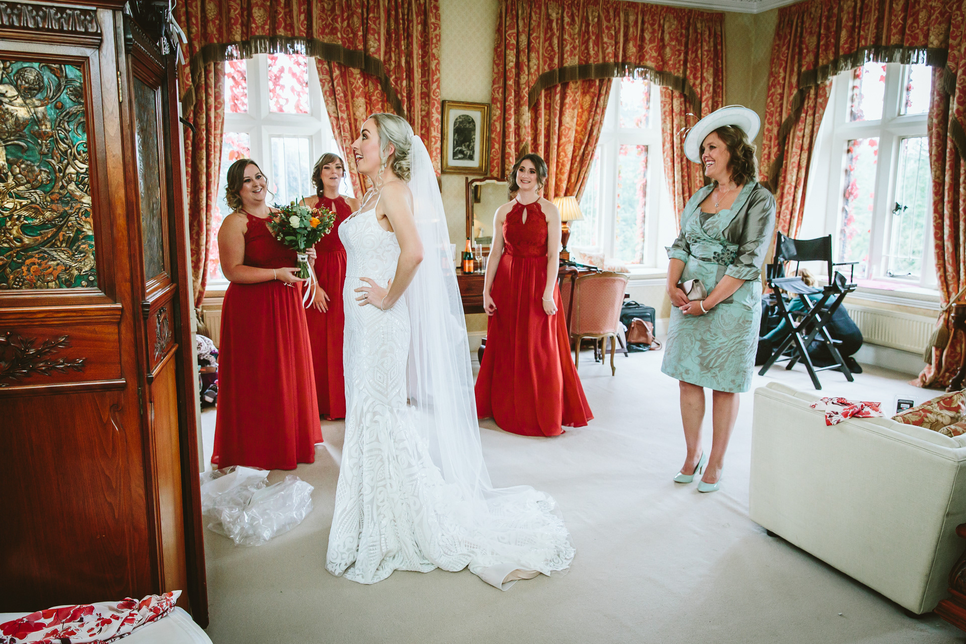 Bride and bridesmaids before a wedding in Yorkshire, England