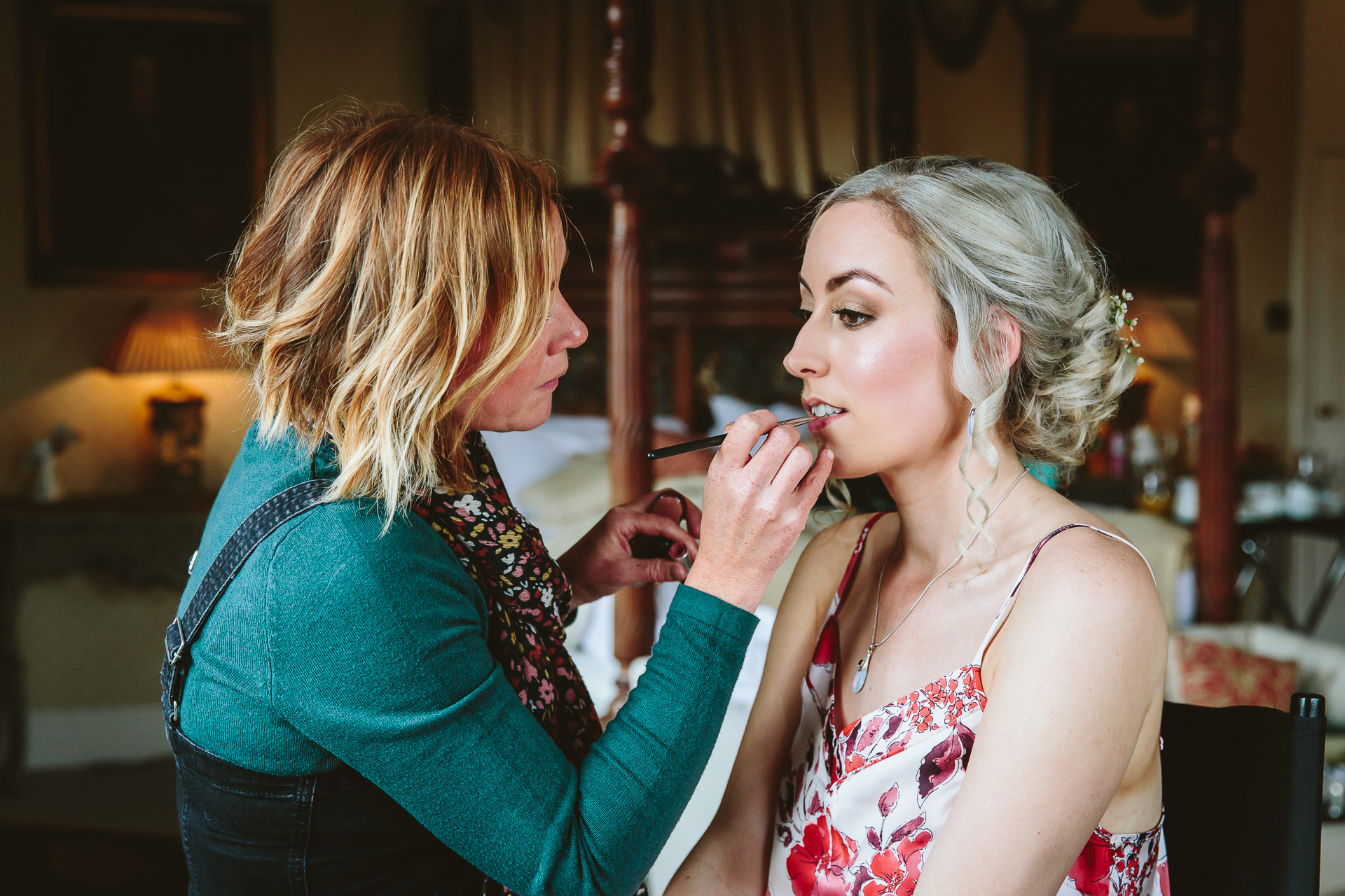 A bride having her make up applied in Yorkshire, England