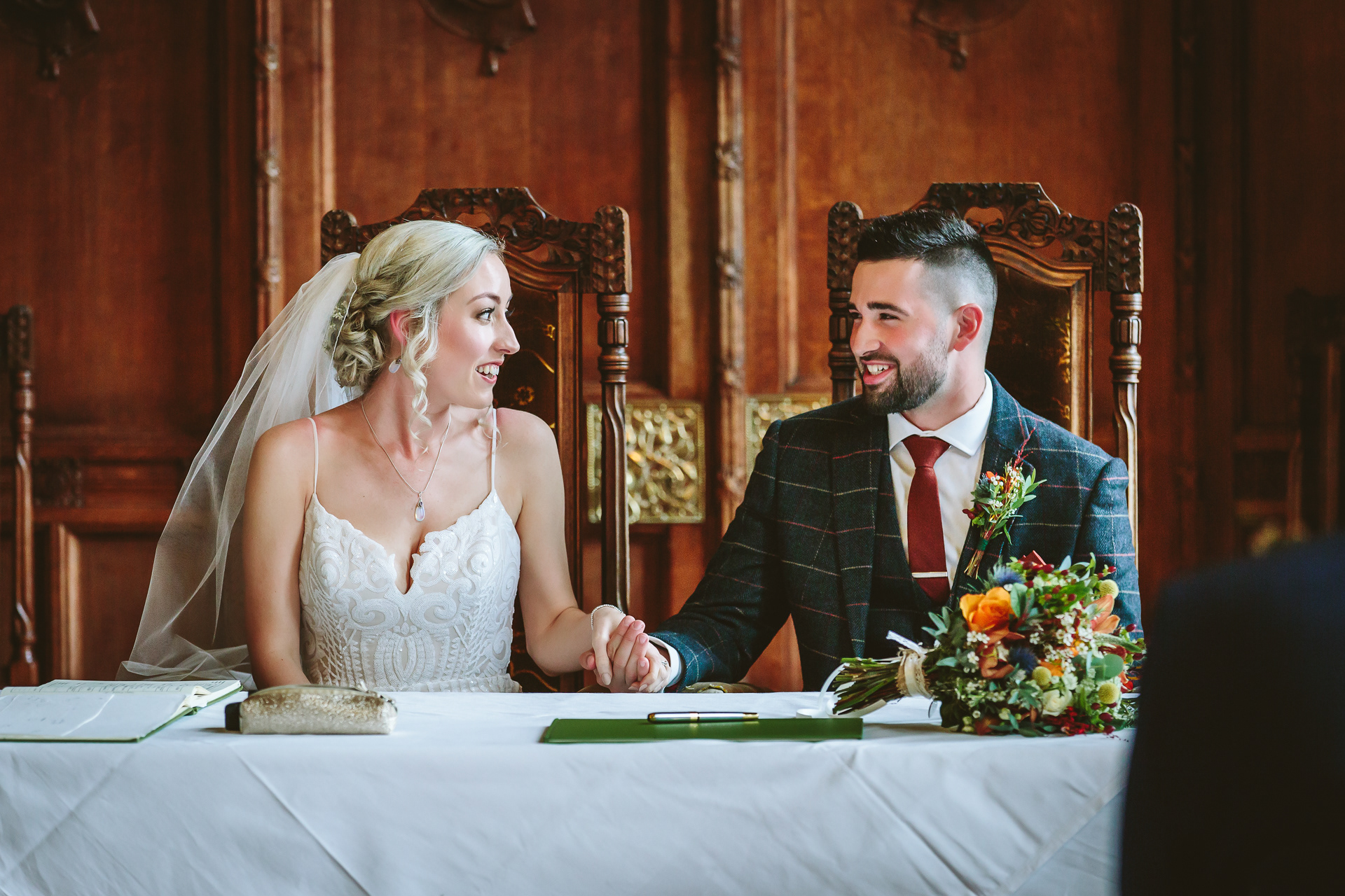 Bride and groom at their wedding ceremony in Yorkshire, England
