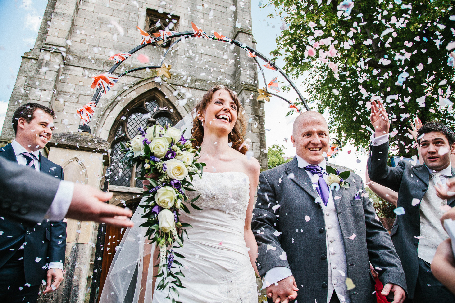 Bride and Groom with confetti at a wedding in Doncaster
