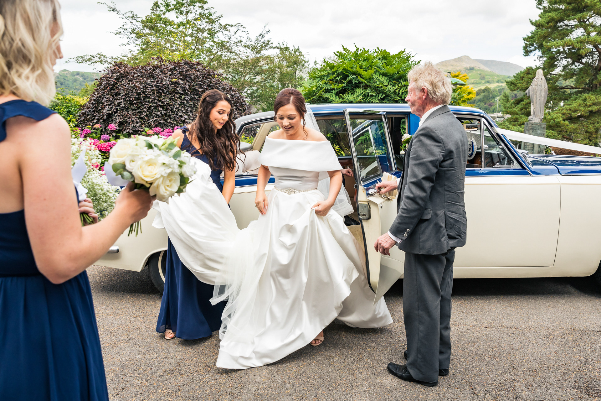 A bride arriving at a church in Ambleside, Cumbria