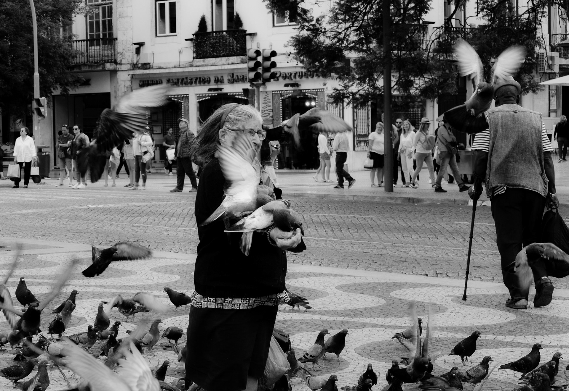 Black and white street photo of a woman feeding pigeons in Lisbon, surrounded by motion while she remains still.