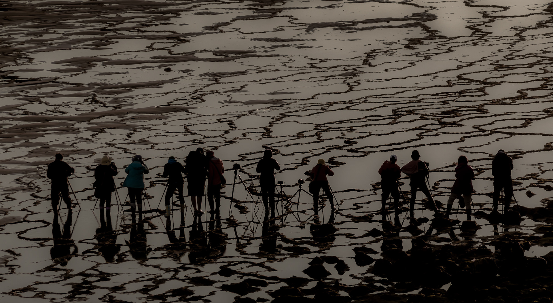 Silhouettes of people standing along a shoreline at low tide, reflected in shallow water under soft, warm light.