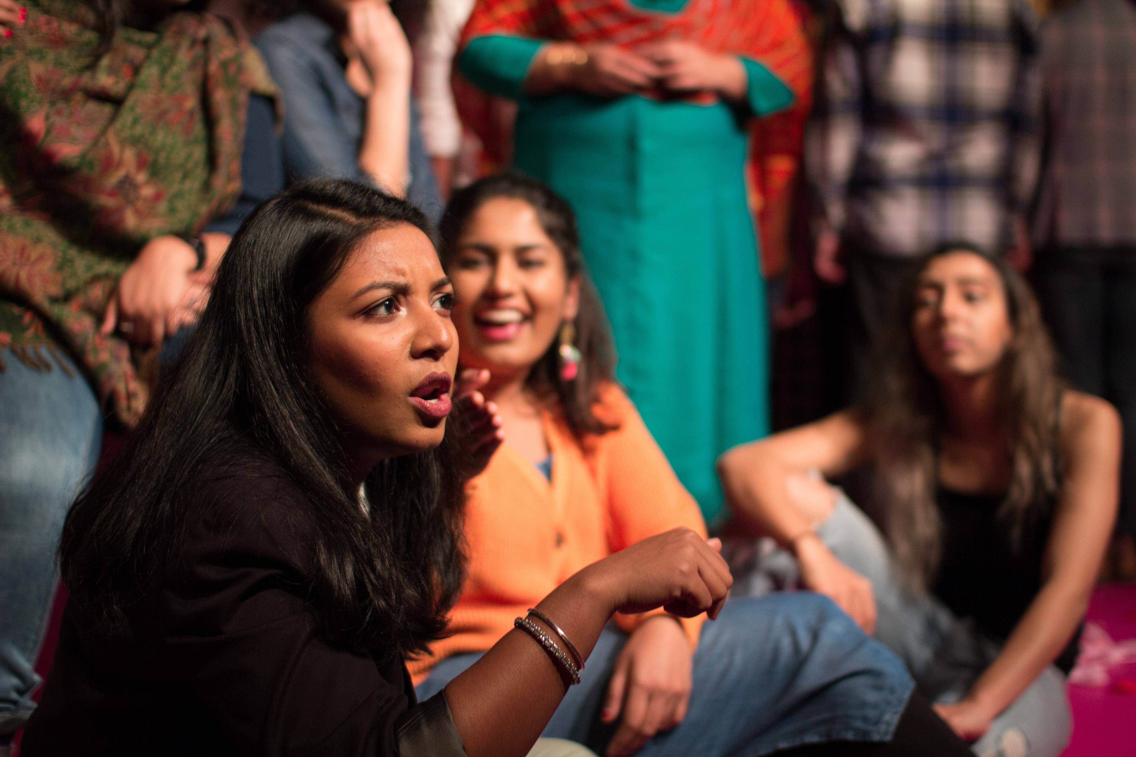 Porvi Fomra, Gayatri Adi and Shomudro Das performing a devised ensamble piece, photo by Ankita Singh 2018