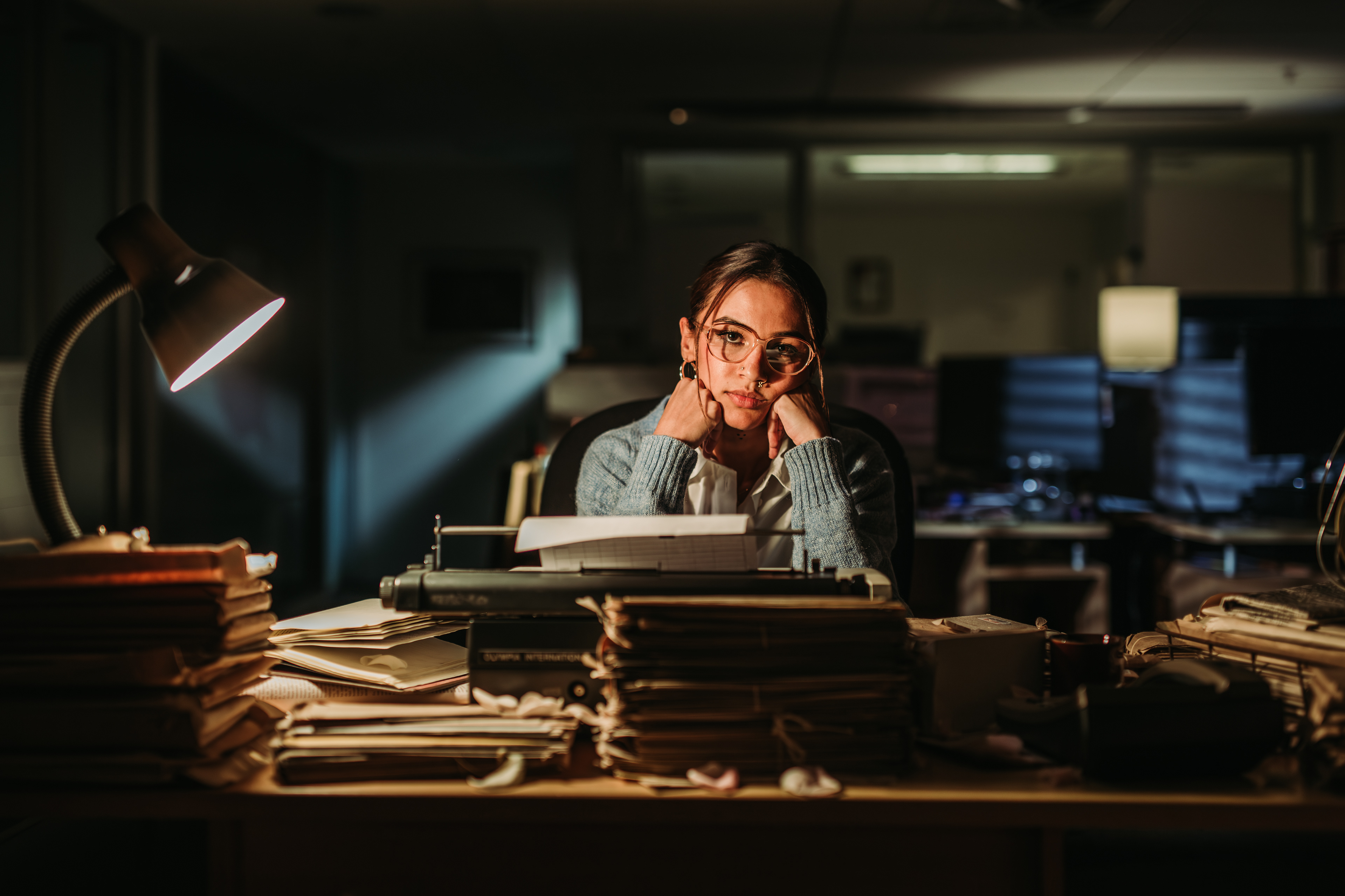Karishma Grebneff as "Bisma" bored working late at her office, photo by Ankita Singh 2023