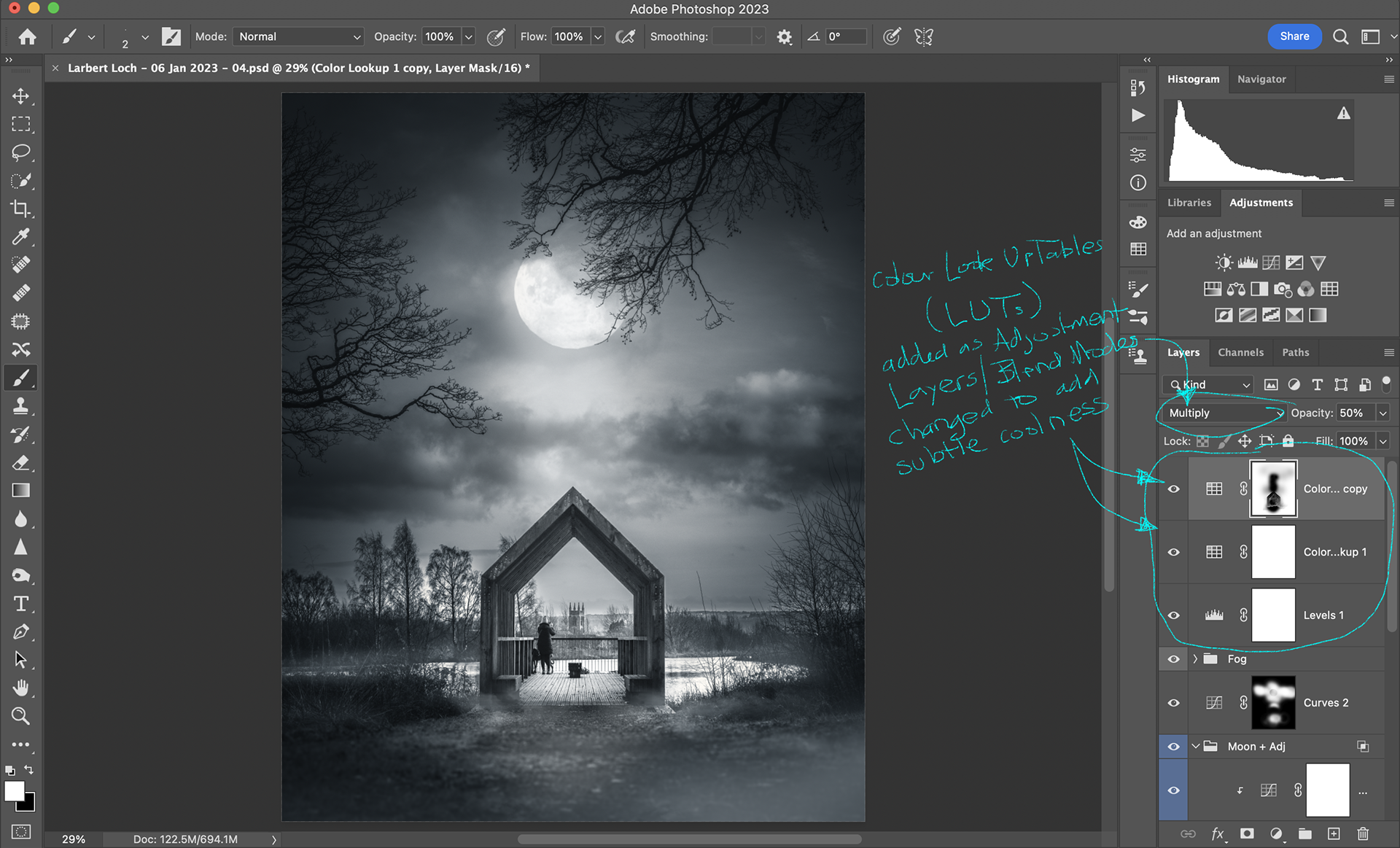 With everything pretty much in place, I added some Colour Lookup Up Tables (LUTs) to add some subtle colour and toning, before heading back to LR.