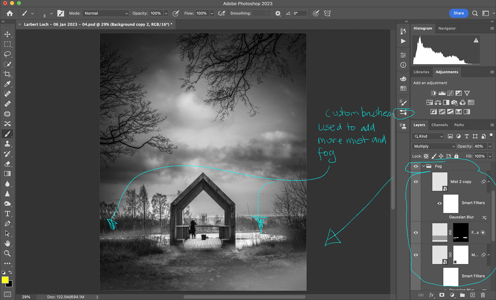 Grabbed my Wacom pen and some custom fog (and smoke) brushes and painted those into layers above the main pic. The Wacom tablet makes it much easier to work naturally with the brushes and masking techniques here and allows a much more analogue touch to the overall image - no sliders and numbers here, all touchy and feely.