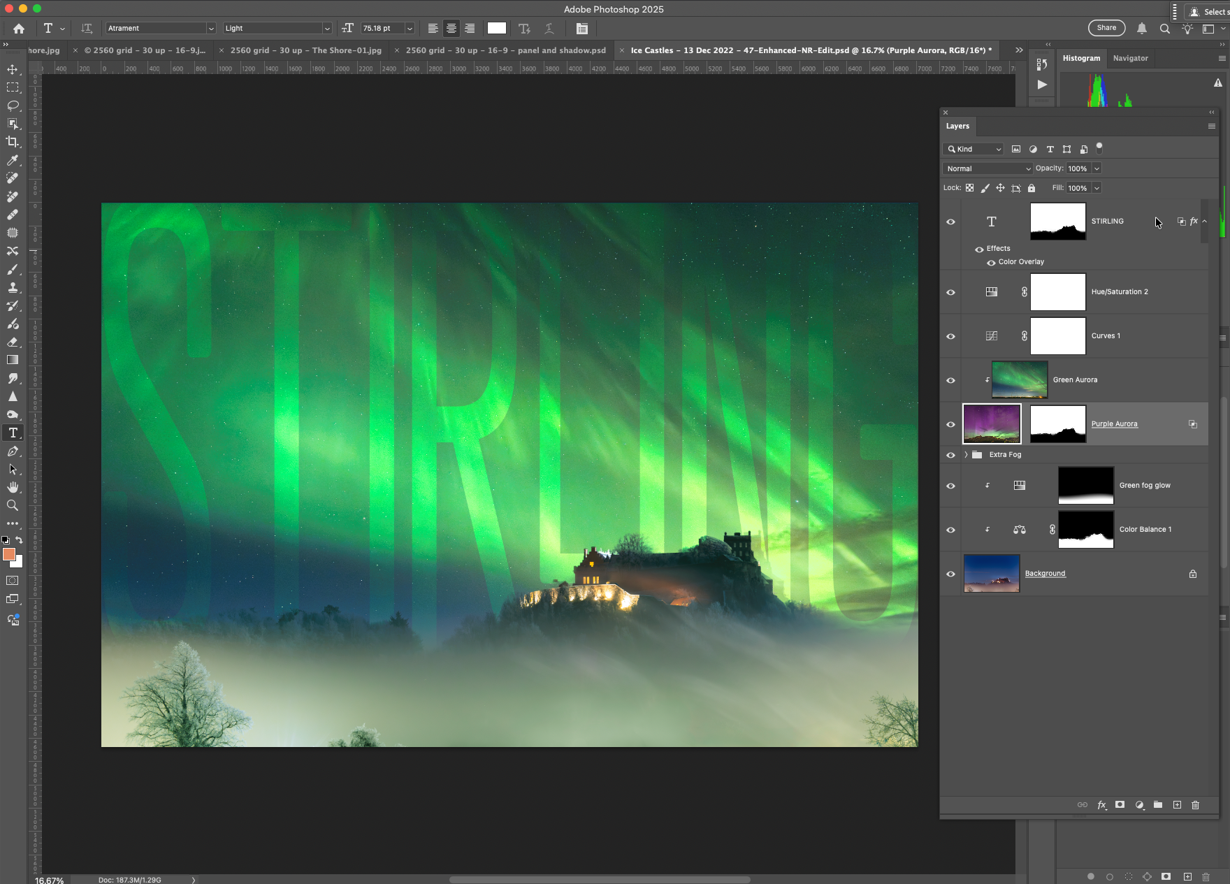Used the same mask already created to clip some large text behind the castle. Changed the layer blend and used some advanced layer blending to marry all the elements together