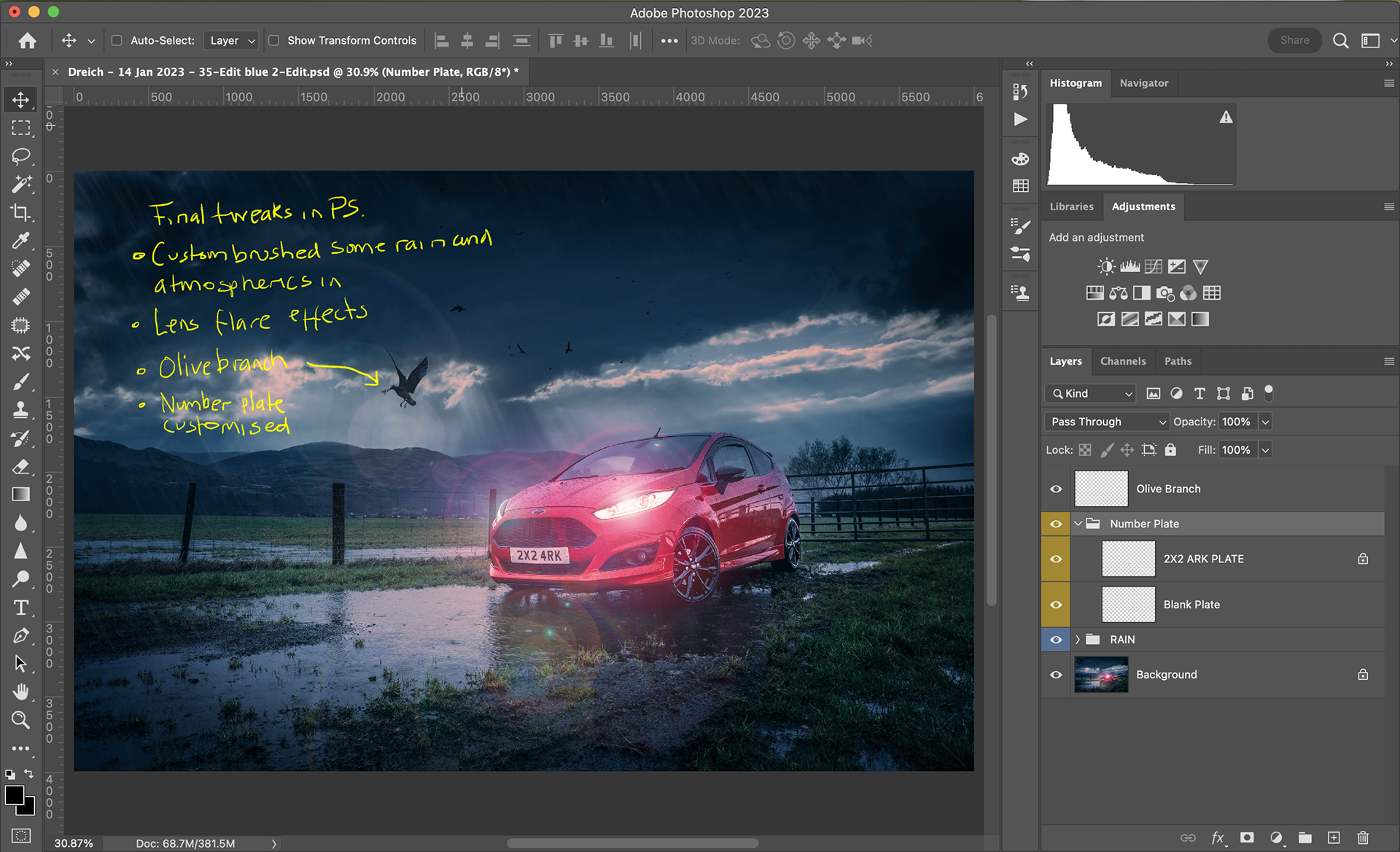 Final adjustments in PS consisted of replacing the text on the number plate, adding an olive branch into the bird’s beak, painting some rain smears over the whole thing and, with a couple of in-PS generated light flares got the front of the vehicle illuminated a bit more.