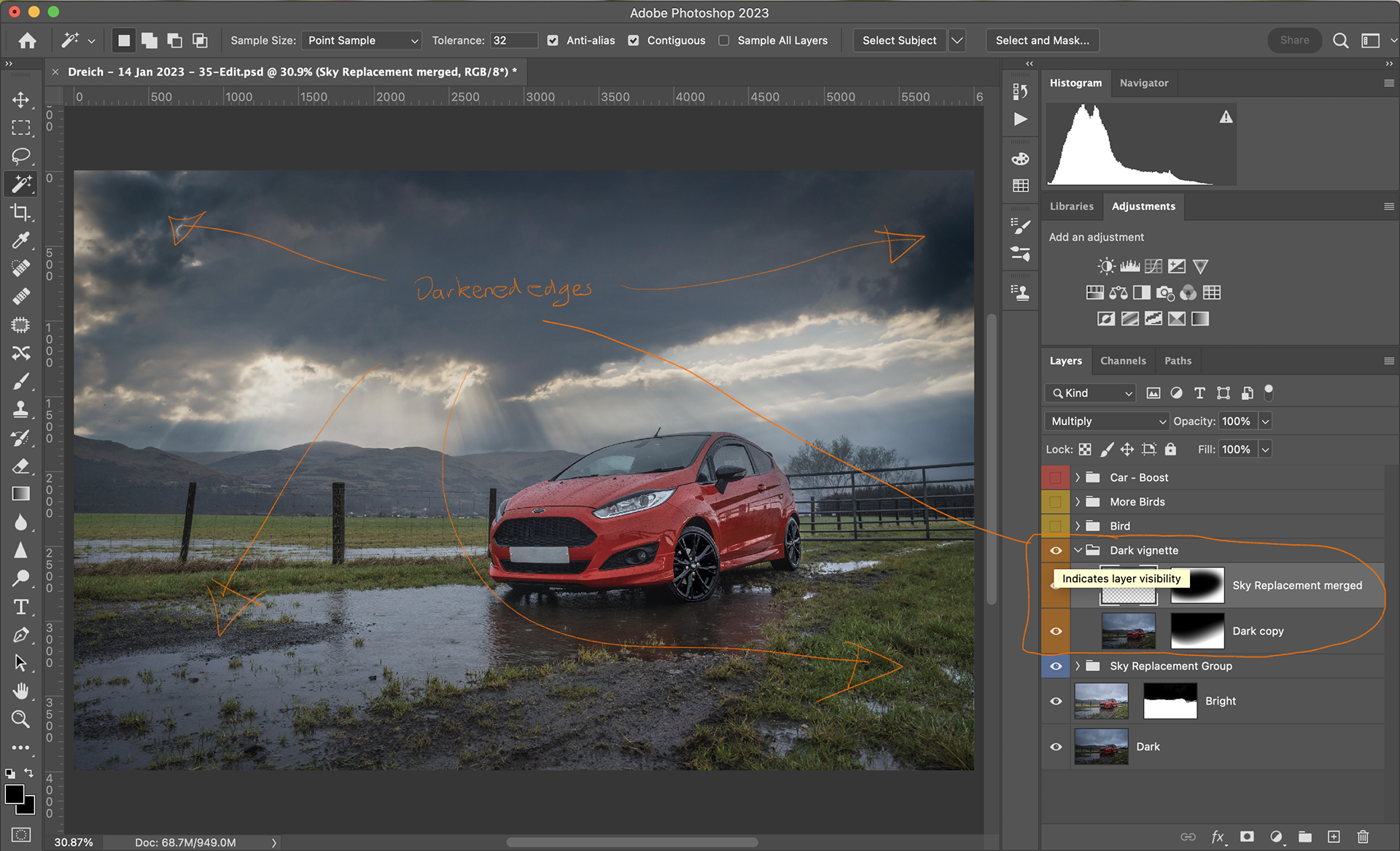 The sky replacement layers that had been created were merged and copied and some masking and Layer Blend mode changes added a brooding vignette around the edges of the image.