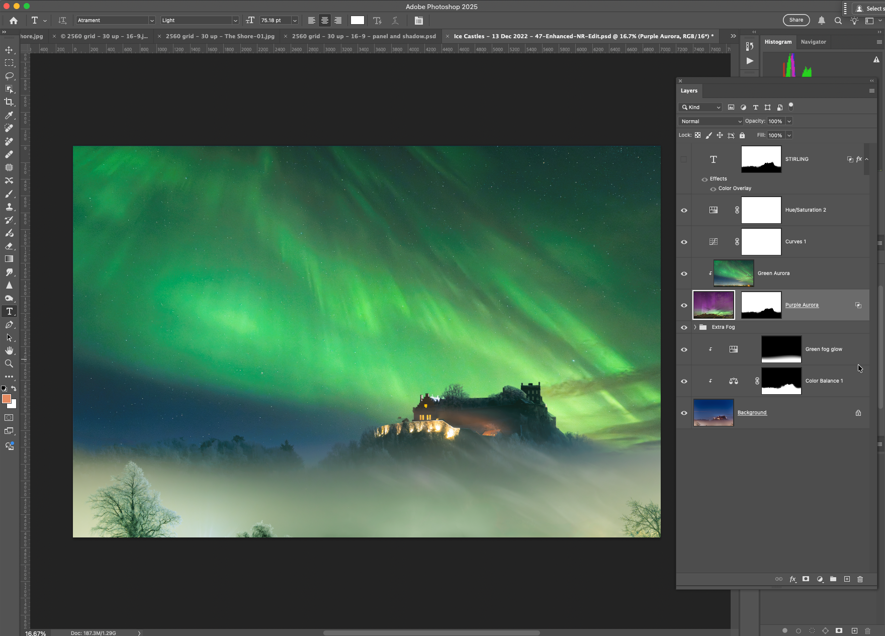 Some further adjustment layers clipped above the base image to help colour match the green glow from the new sky
