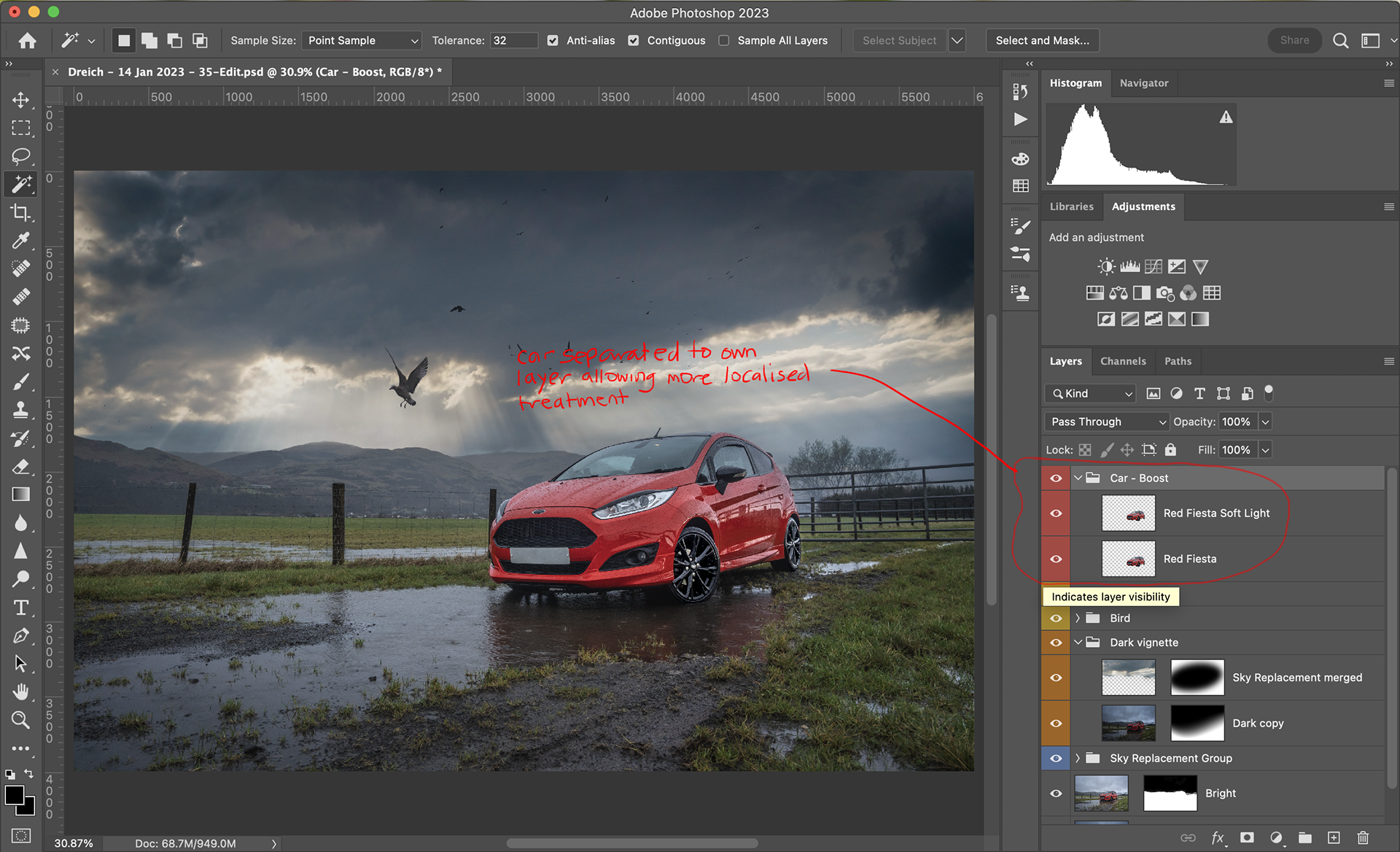 So the vehicle could be edited separately from the background elements, I cut this to its own layer so that some subtle pop could be applied