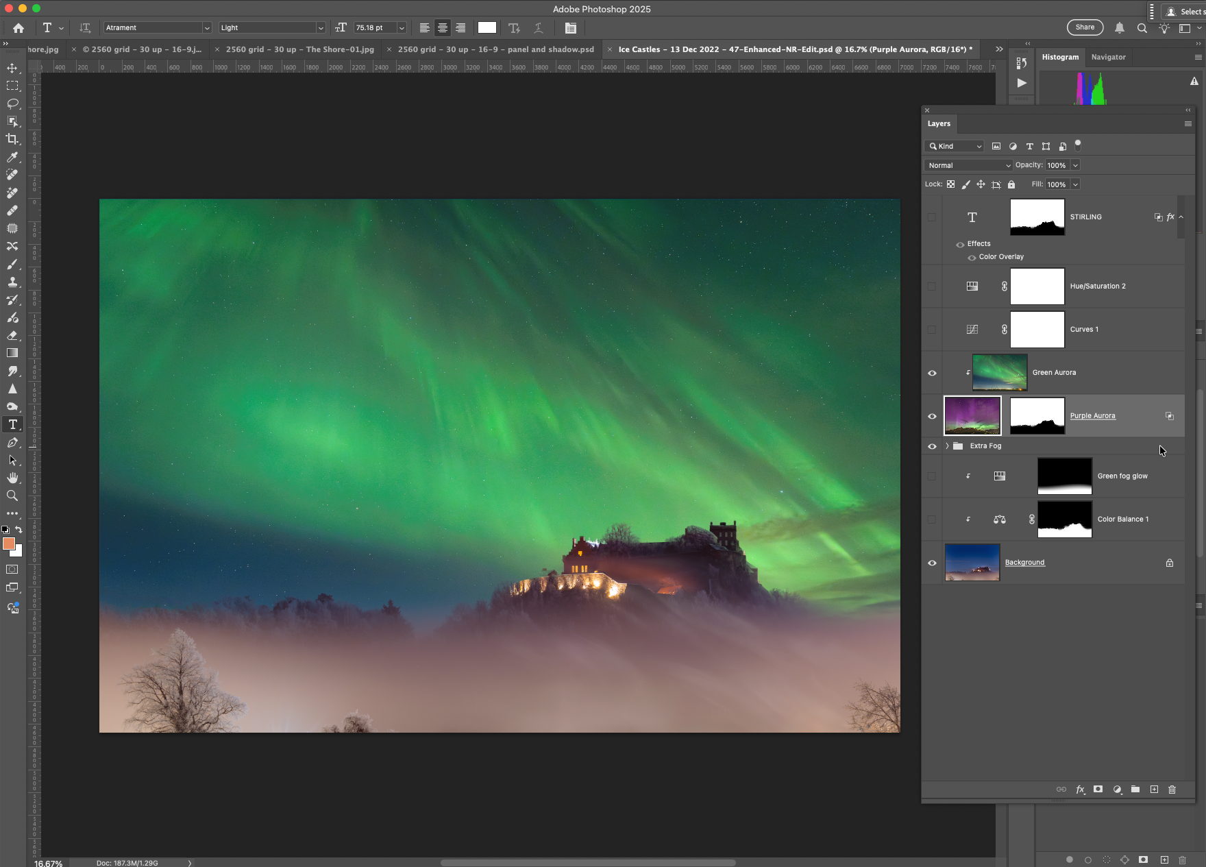 Custom brushes used here to add some extra fog, flowing this along the Castle Hill contours