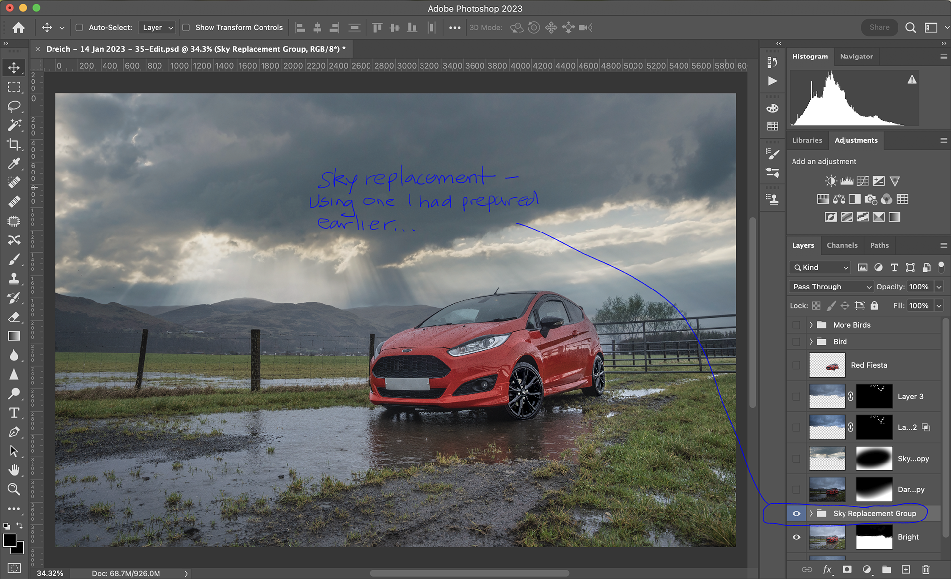 Photoshop’s ‘sky replacement’ tool brought in to use and a sky from the archives used to add some crepusculars (God’s fingers?). I could start to hear the heavenly choirs tuning up