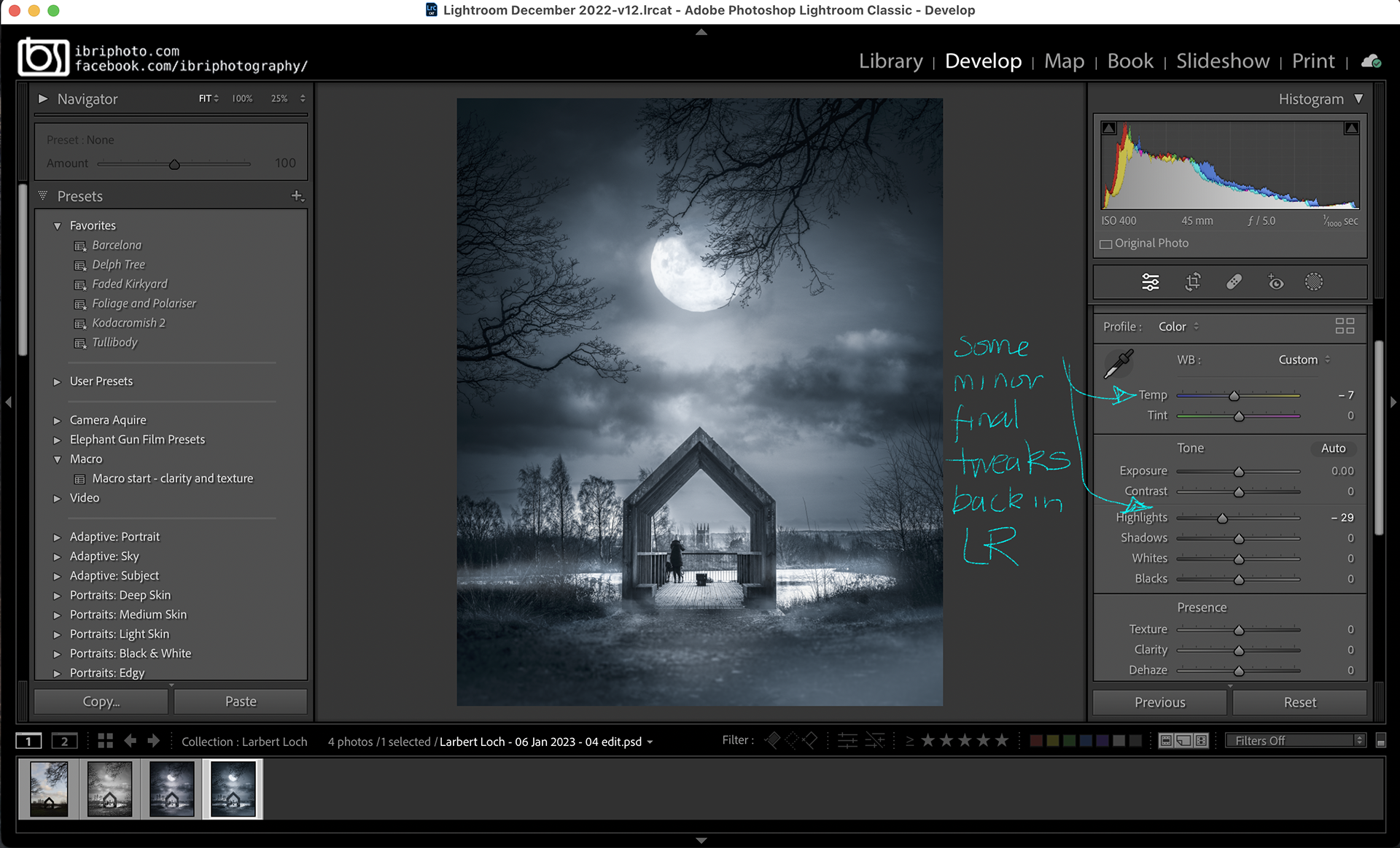 Final minor touches to enhance colour and contrast and all’s good. And, because the multi-layered PS file is still being kept all neat and tidy in the LR catalogue, I can go back and make adjustments to all the elements at any point. Maybe even add a swan or two…