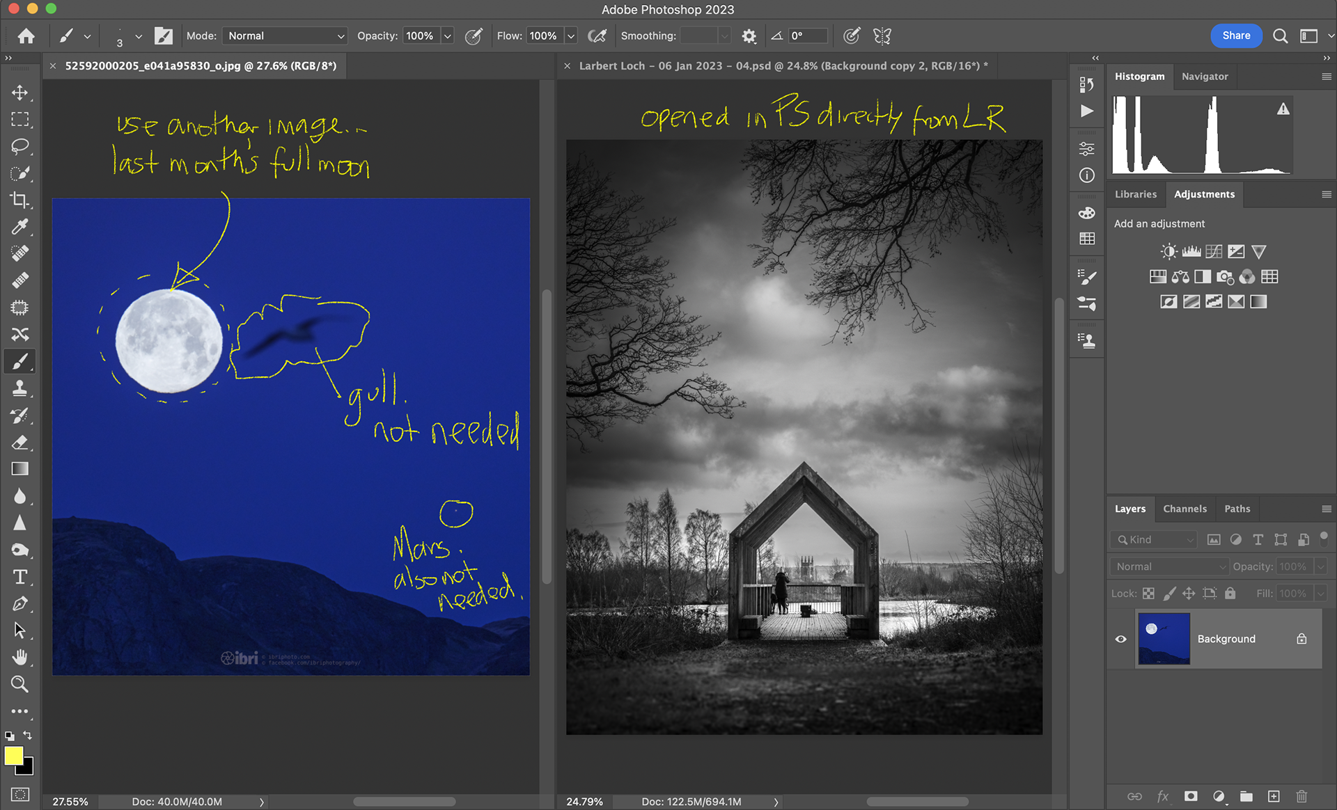 Time to switch to Photoshop (PS) now. Lightroom is great, and recent improvements have seen me using it less, but all the really creative stuff happens over here in PS. Both images opened - one after downloading from my Flickr, the main image opened directly from LR into PS.