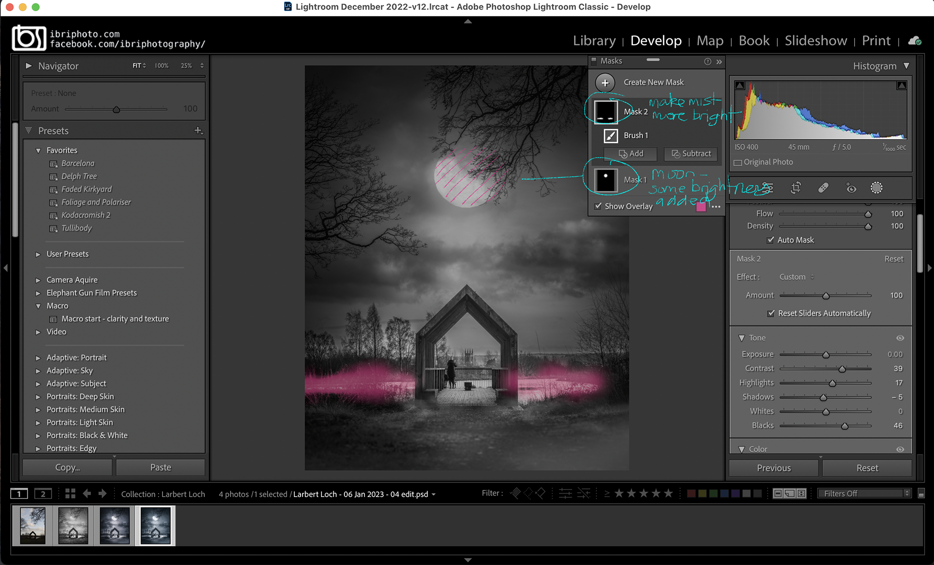 I tweaked some smaller areas here with toning and clarity, using the much improved Masks feature in LR - brightening the moon and the mist a bit.