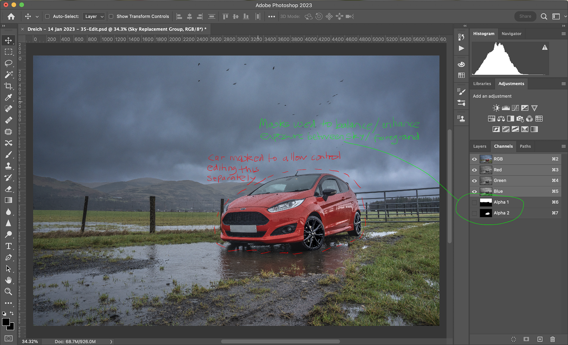 I’d kept the exposure purposely dark so that any detail in the clouds could be enhanced, but after editing it in both LR and PS it still looked flat. The passing birds were a timely intrusion though, so wanted to keep those, and likely add to them.