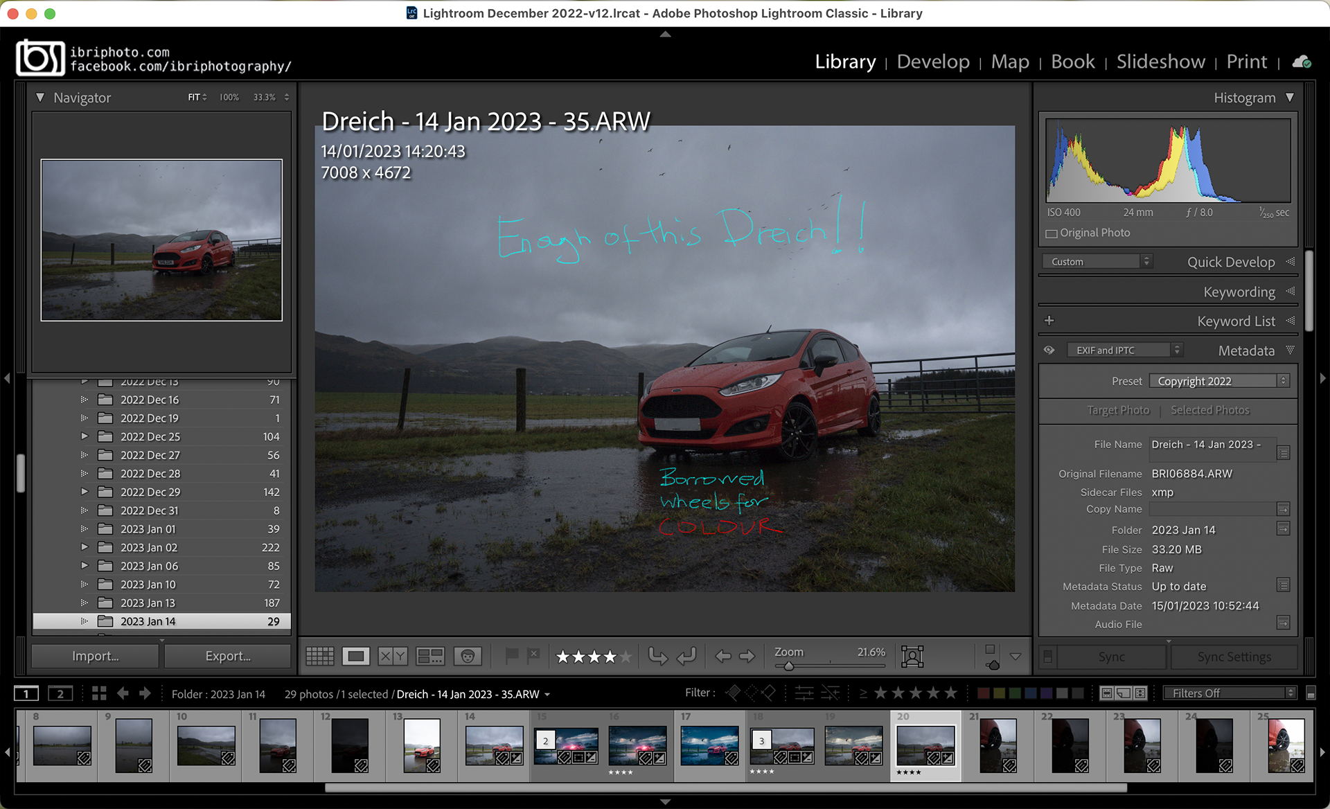 After drying off, importing and organising all the RAW shots into Lightroom (LR), a suitable flat, grey image was selected and edited to improve the global look of the photo. This one was beyond anything LR could do on its own.