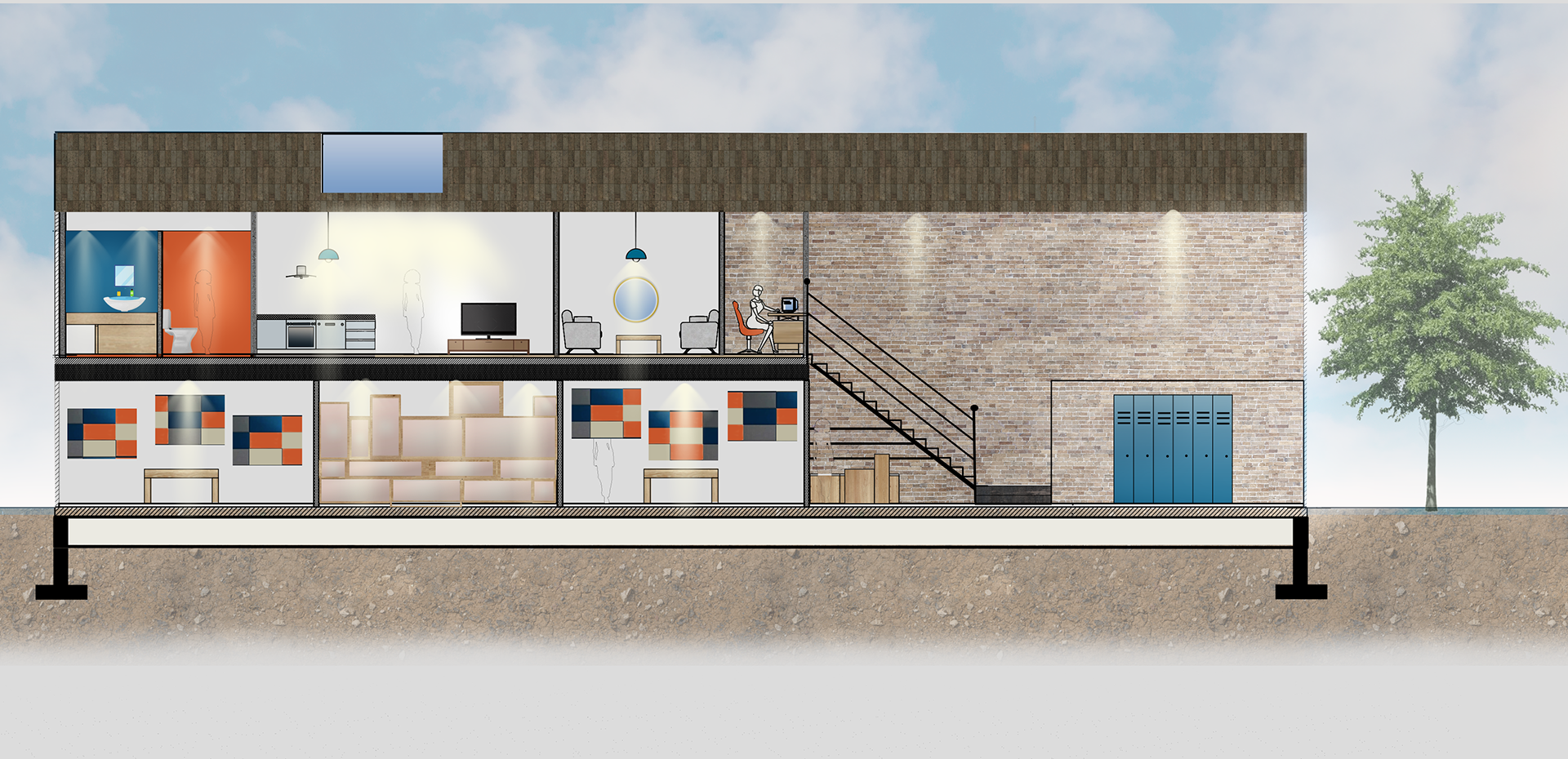 Coupe RdC (coté ateliers) et mezzanine (logement gérant)
