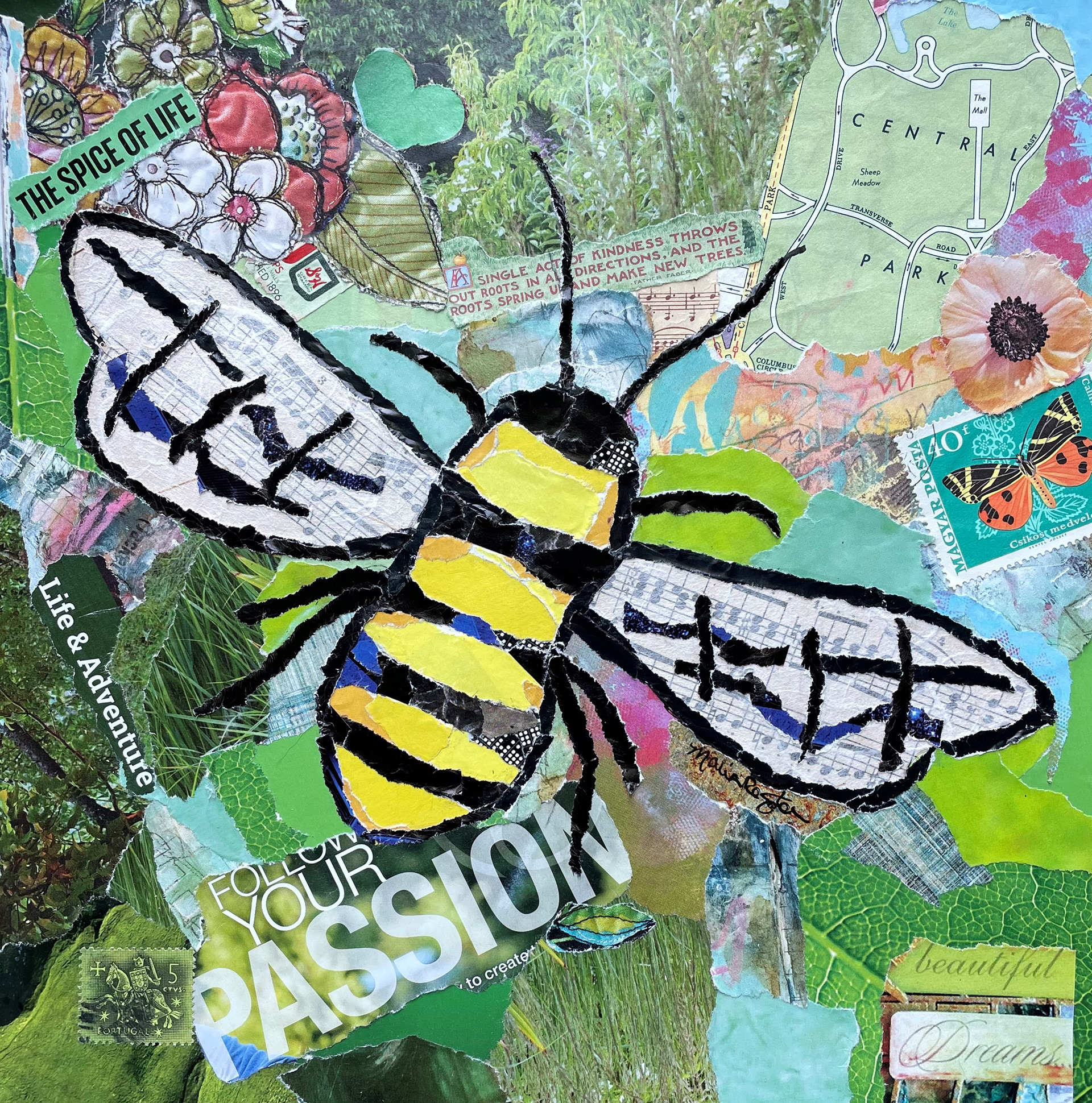 "Beatrice" 10"x10" paper collage; SOLD; prints available