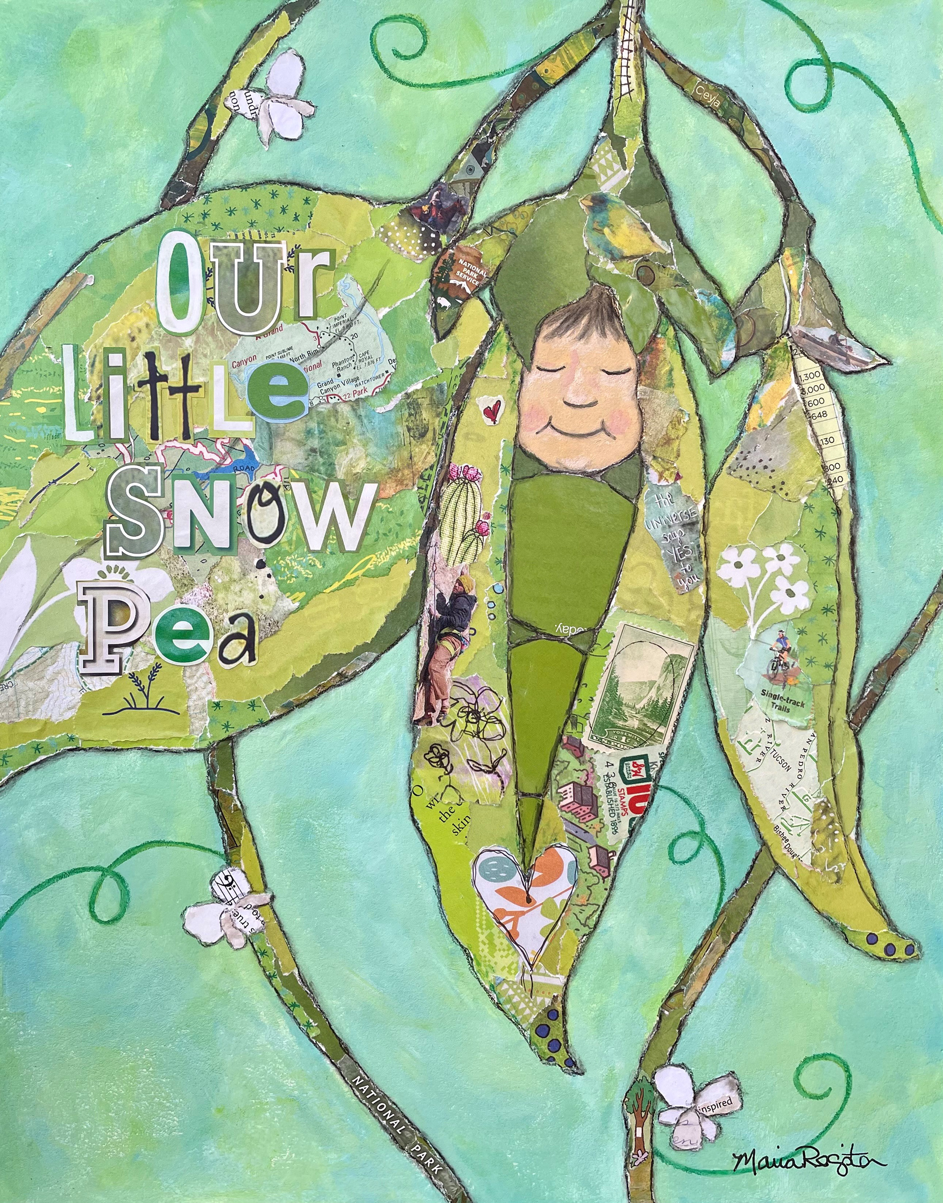 "Our Little Snow Pea" 11"x14" Custom paper collage; private collection