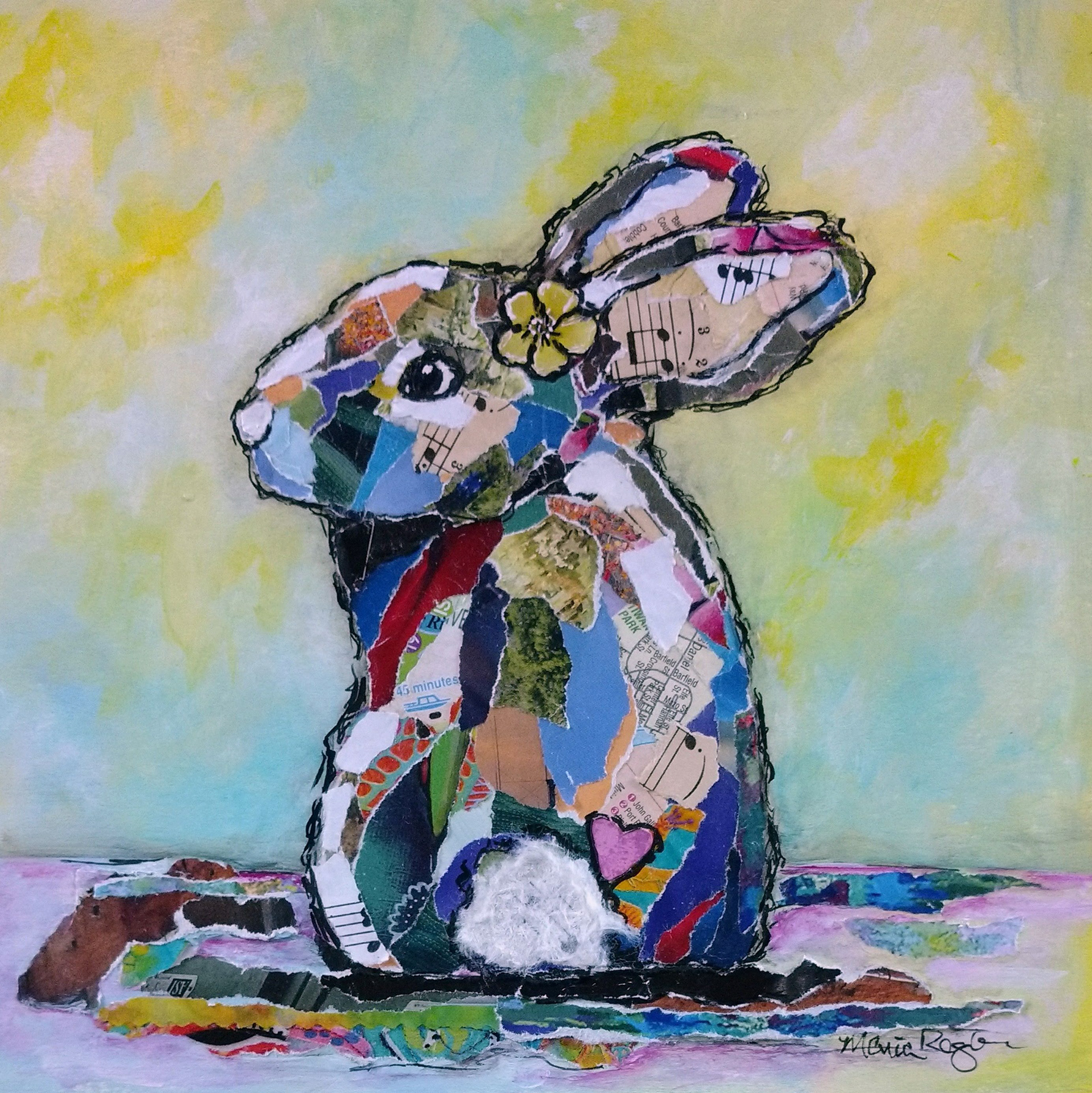 "Bohemian Bunny" 7"x7" paper collage; SOLD; prints available