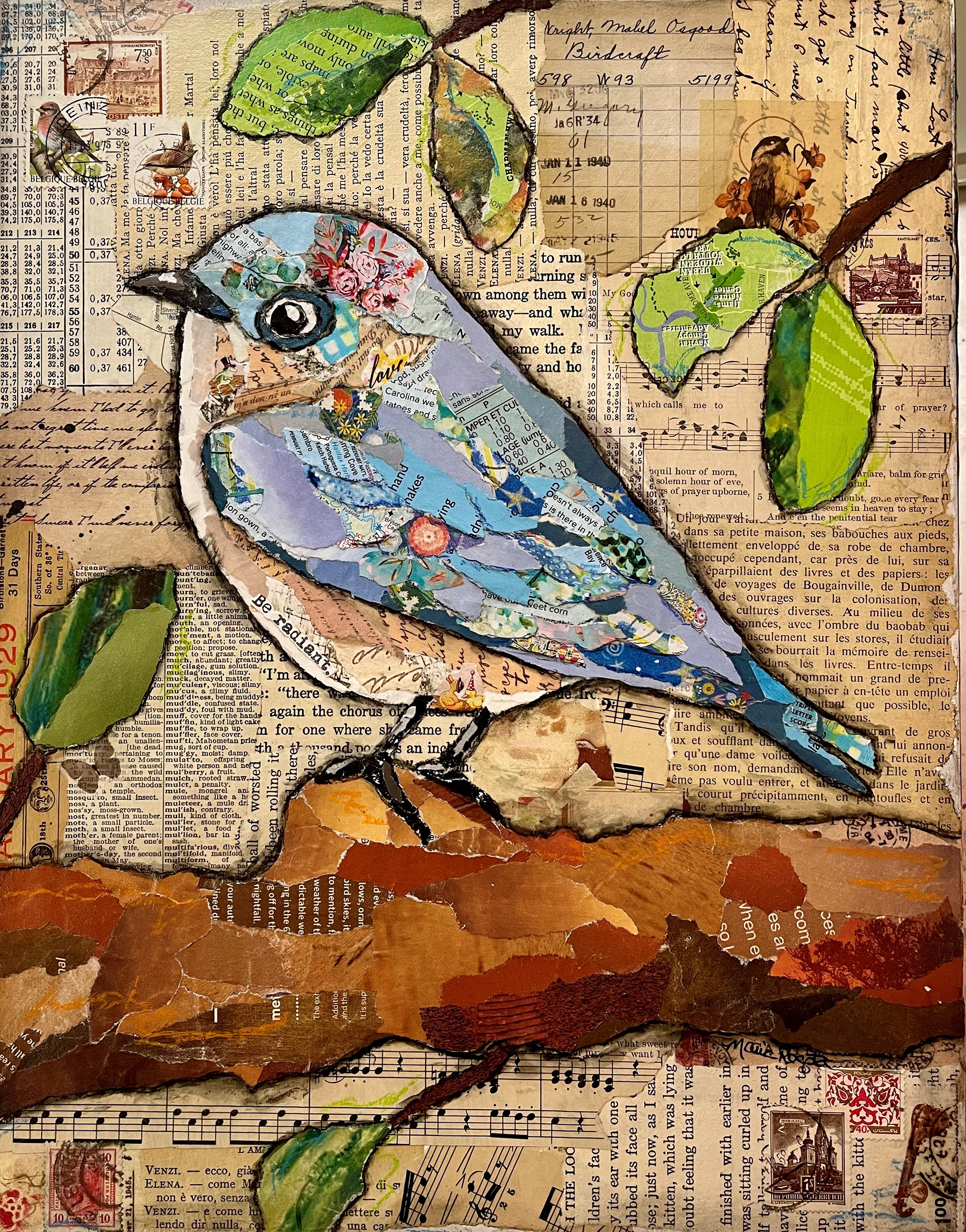 "Blue Bird Love" 11"x14" paper collage on canvas