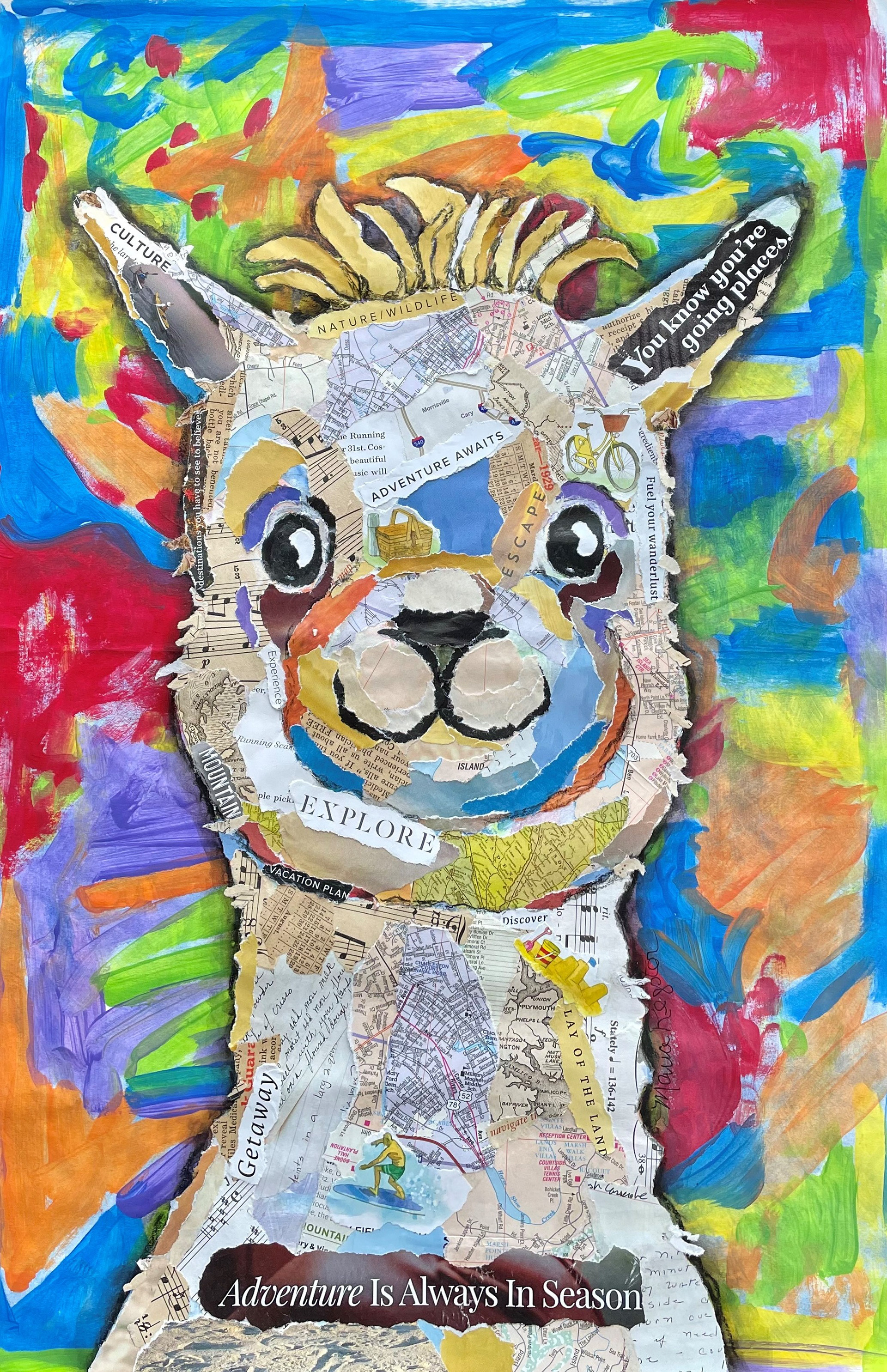 "Cecil Llama" 12"x18" paper collage; SOLD; prints available