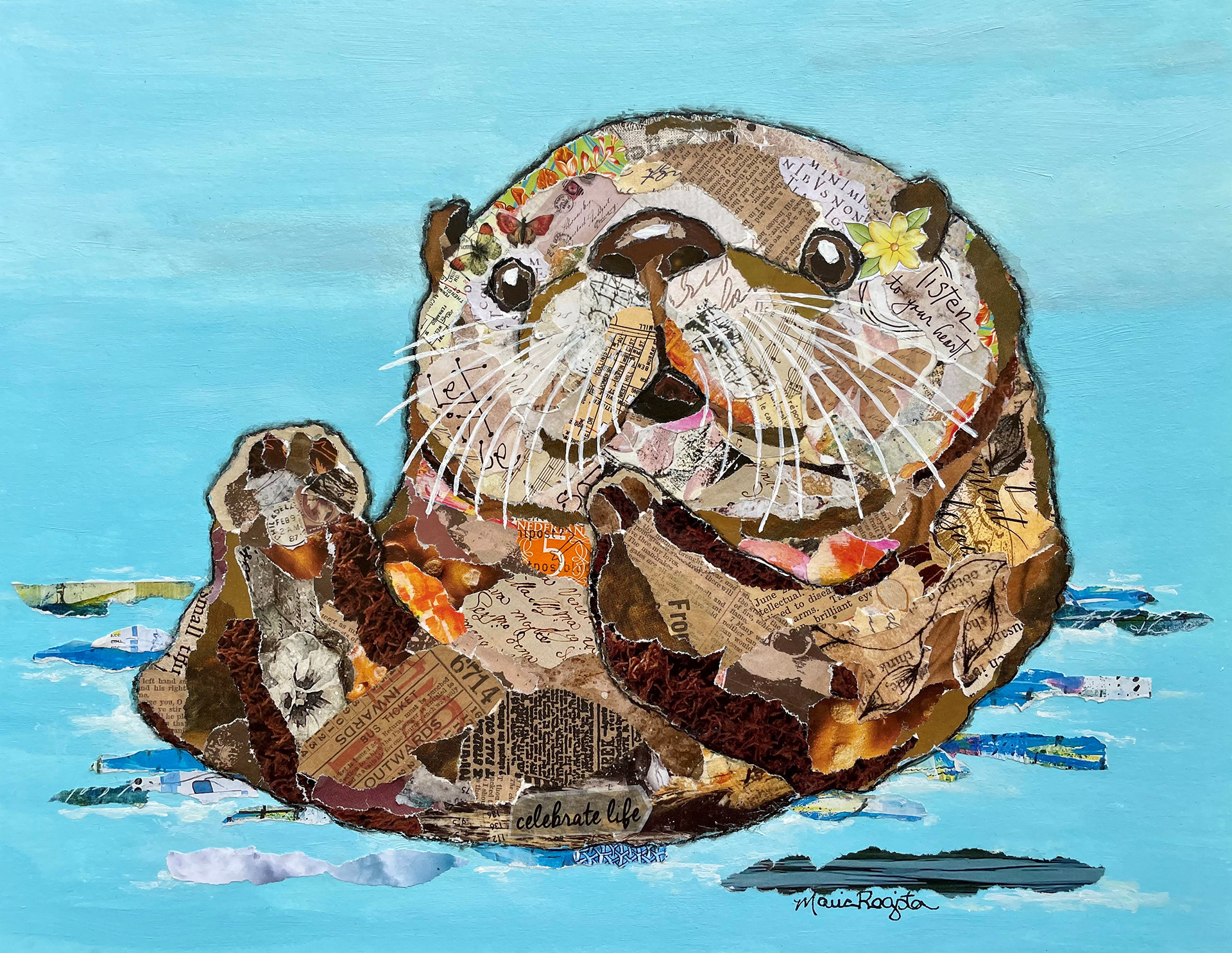 "Dolly Otter" 11"x14" paper collage; SOLD; prints available