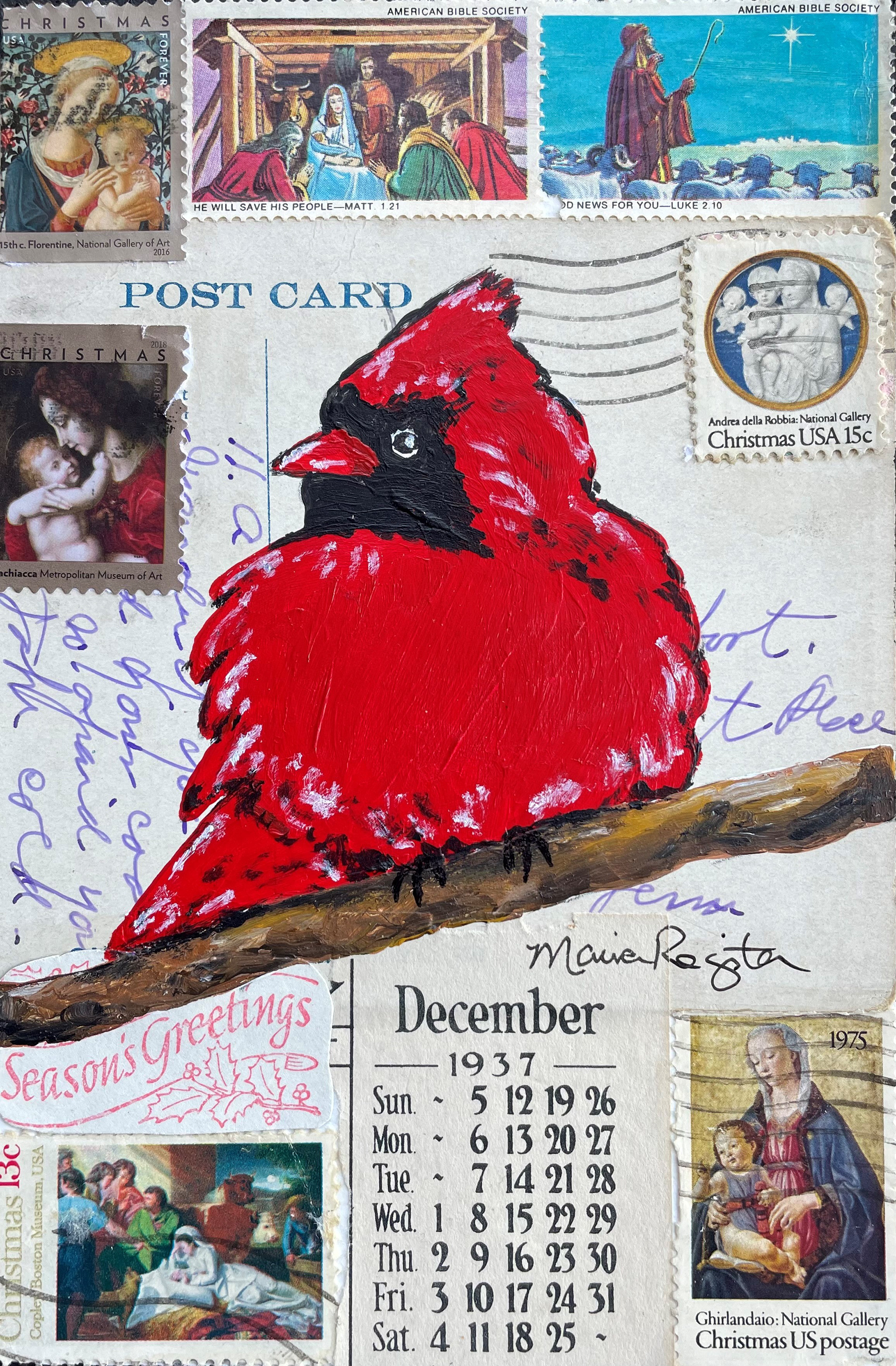 "Christmas Cardinal" 5"x7" mixed media collage; available
