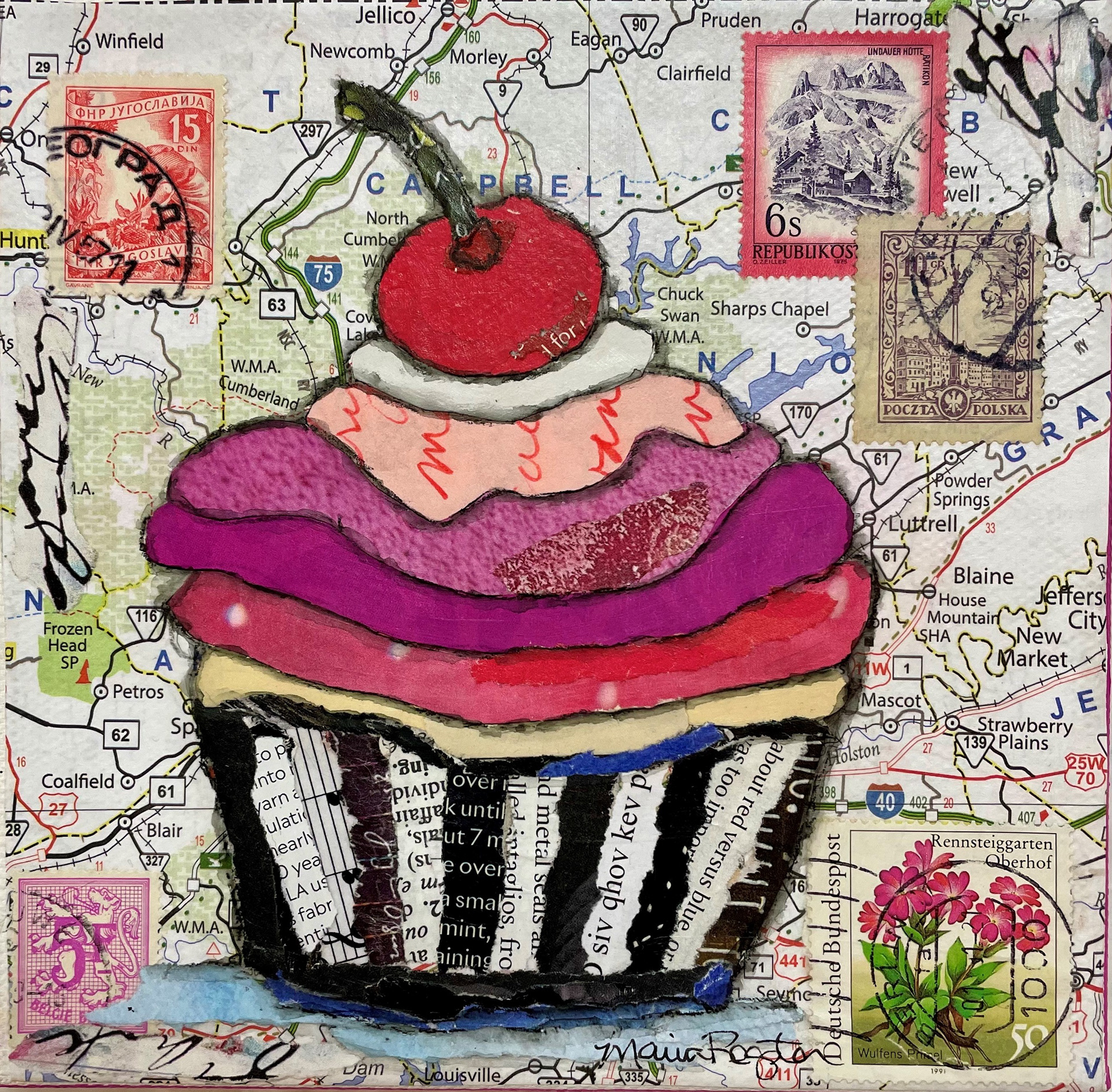 "Celebrate Cupcake" 6"x6" paper collage; private collection