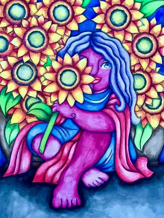 Niña con Flores - watercolors on paper.