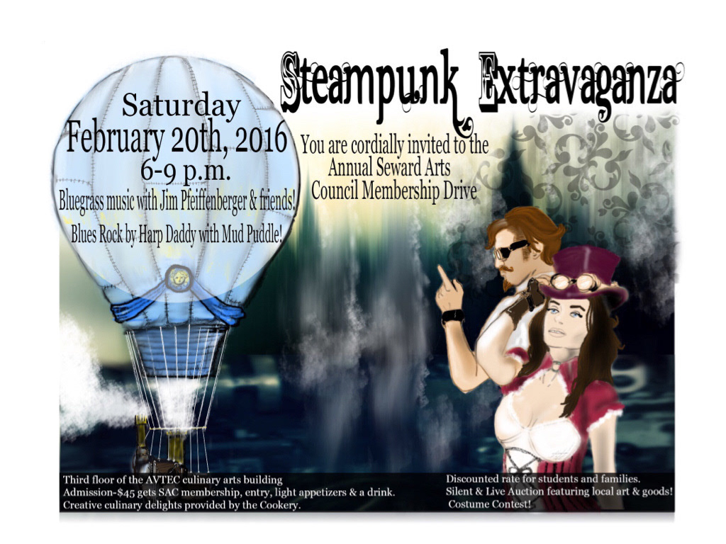 A poster created for the Seward Alaska Art Council. It was a Steam Punk Theme Event, (Too much text on the actual poster but it was what the client wanted.)