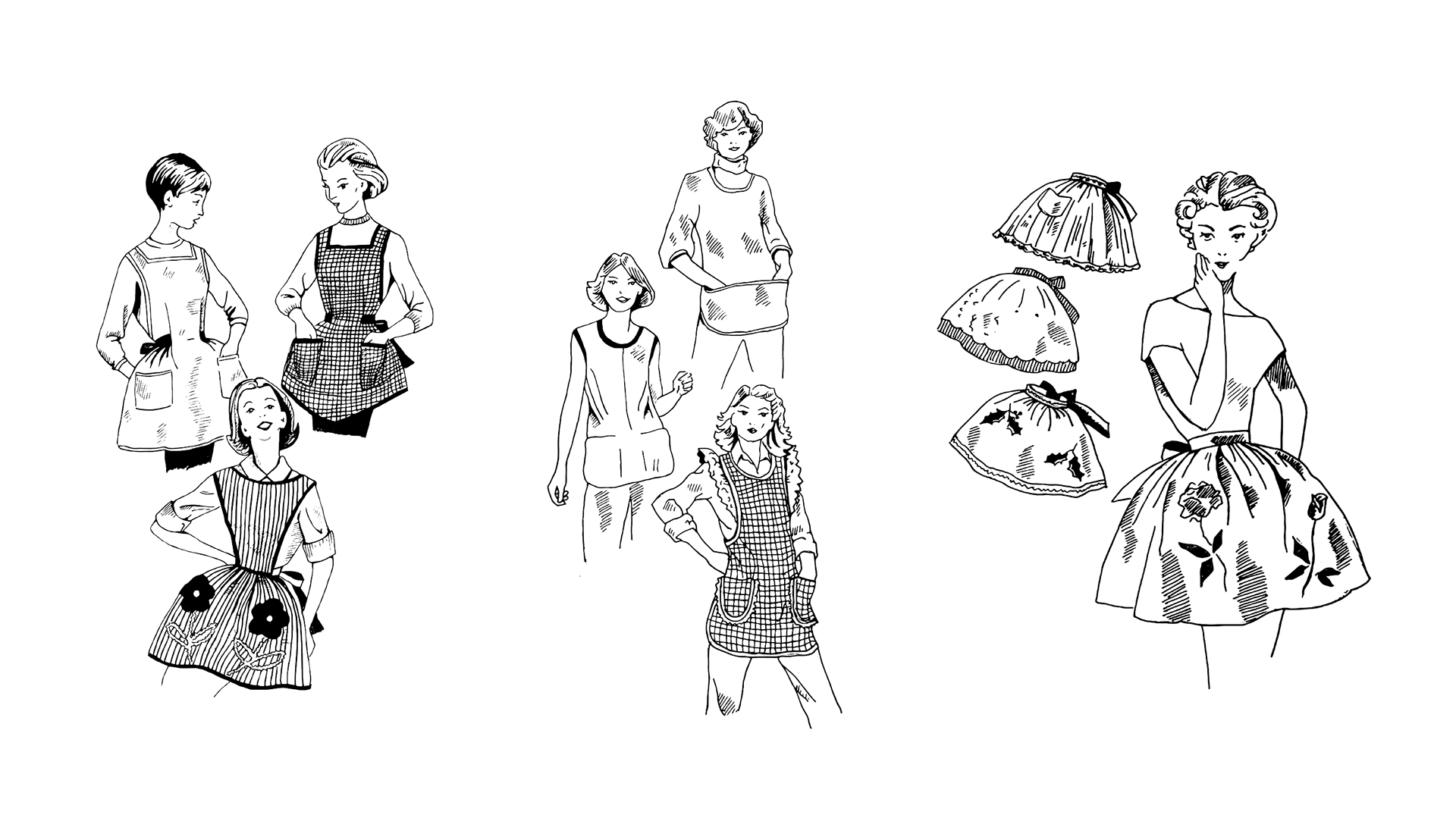 Hand-drawn illustrations of vintage sewing ads for website