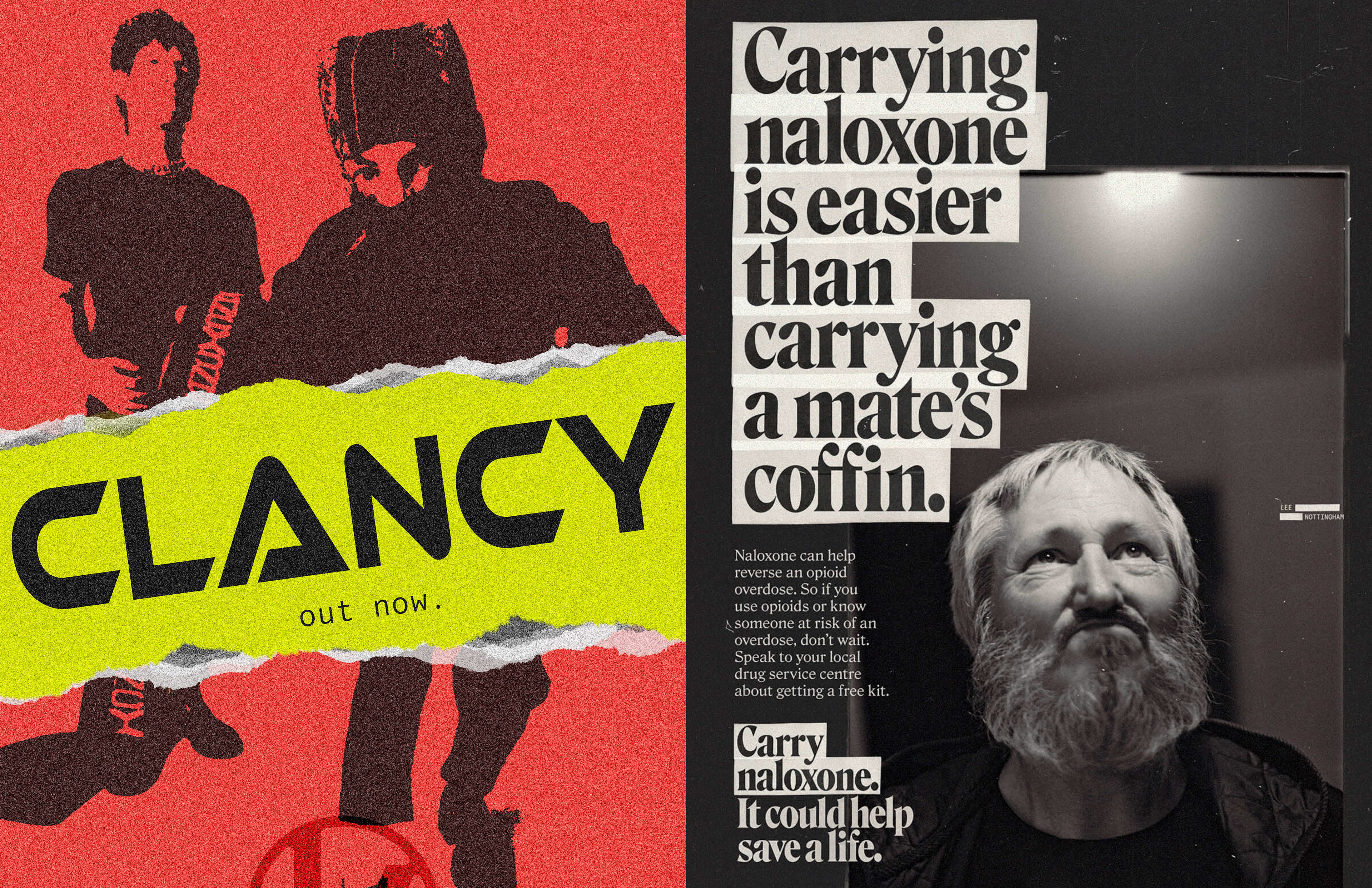Left: Clancy ad; Right: Naloxone ad