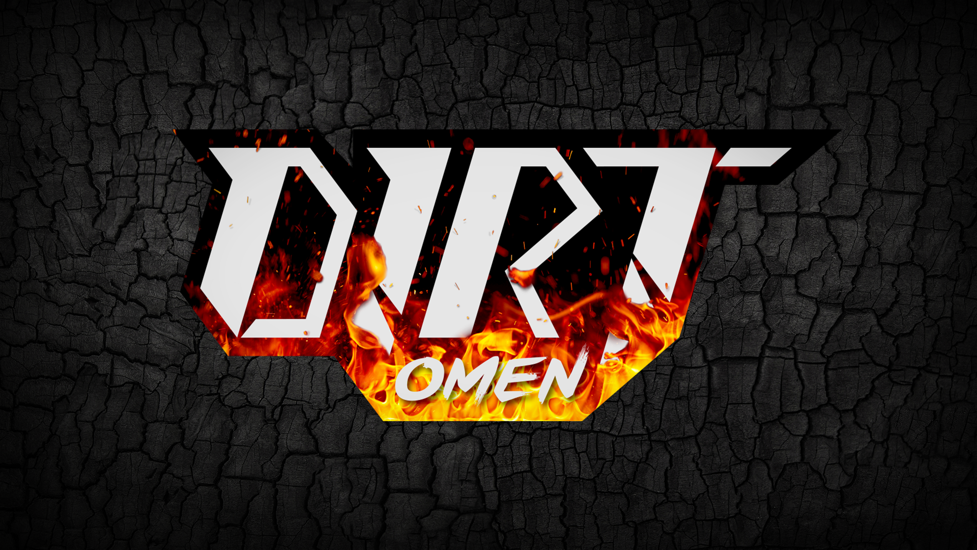 Dirt Omen logo in flames over the burnt wood background