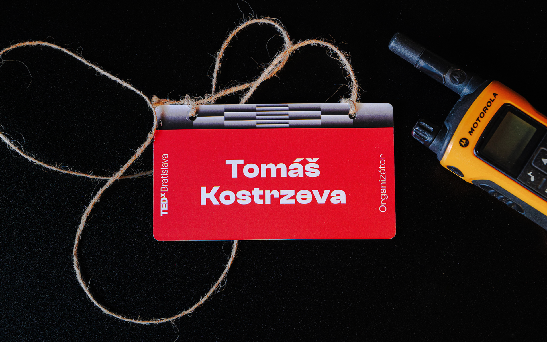 The photo of printed name tag for TEDxBratislava 2023 Visual Identity