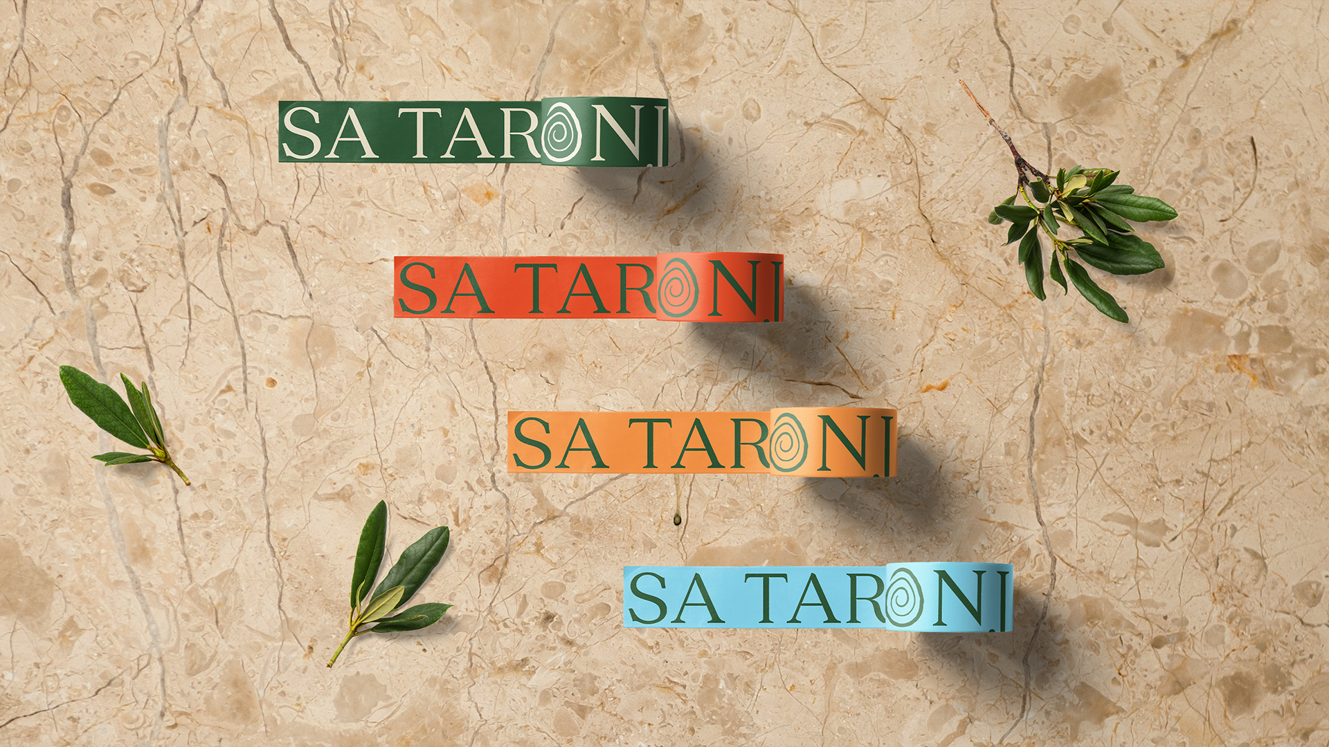 Paper tapes from visual identity for the Sa Taronja brand on the lime stone background