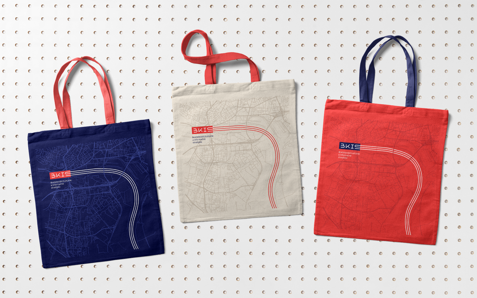 Tote bags for Bratislava culture and informational center visual identity proposal with a map combined with logo, Danube pattern