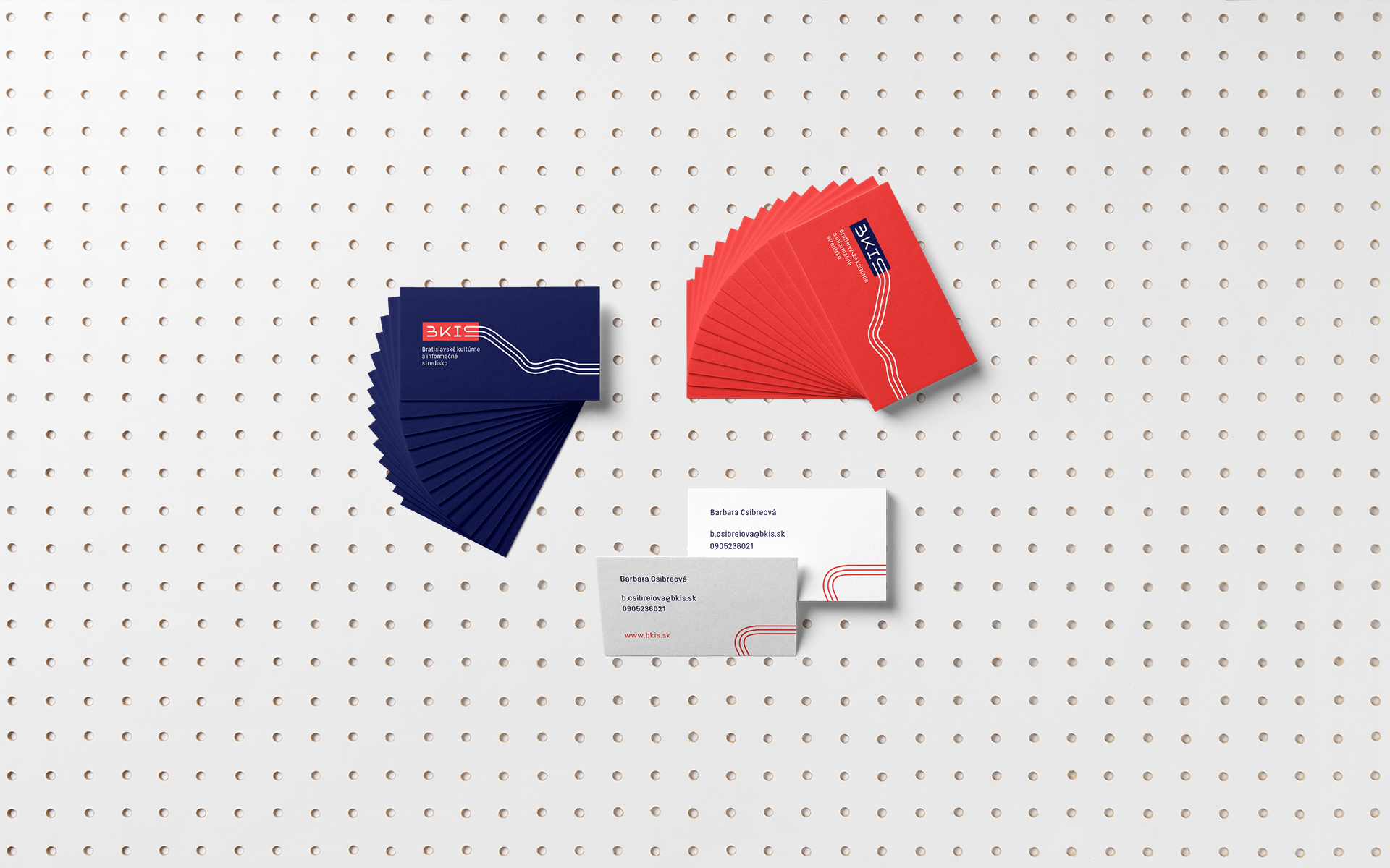 Red and navy Business Cards for BKIS visual identity proposal on the white thick stock paper