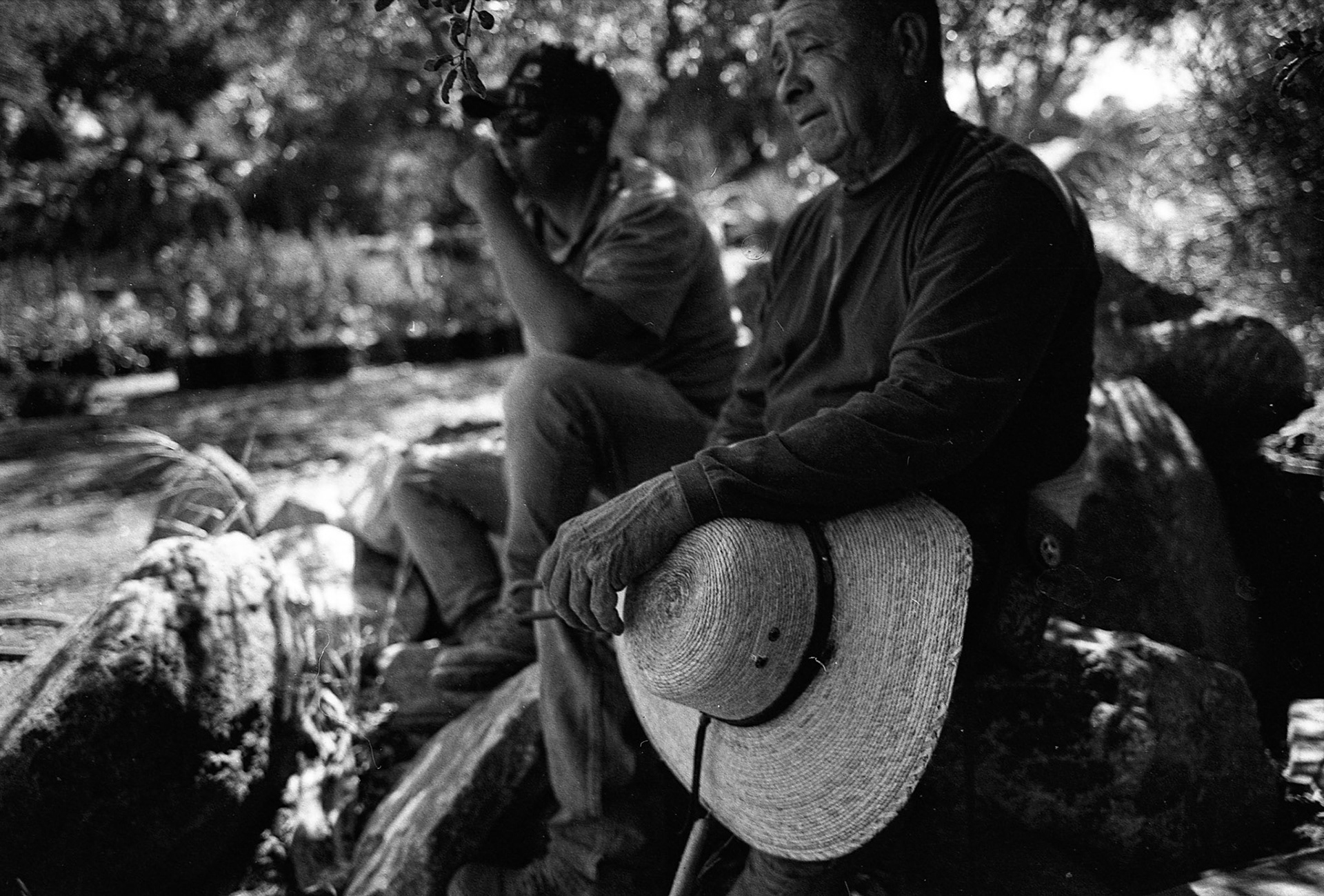 Epifeño and Luis take a break from removing roots under the summer heat. Rainbow Canyon, CA, May 2023