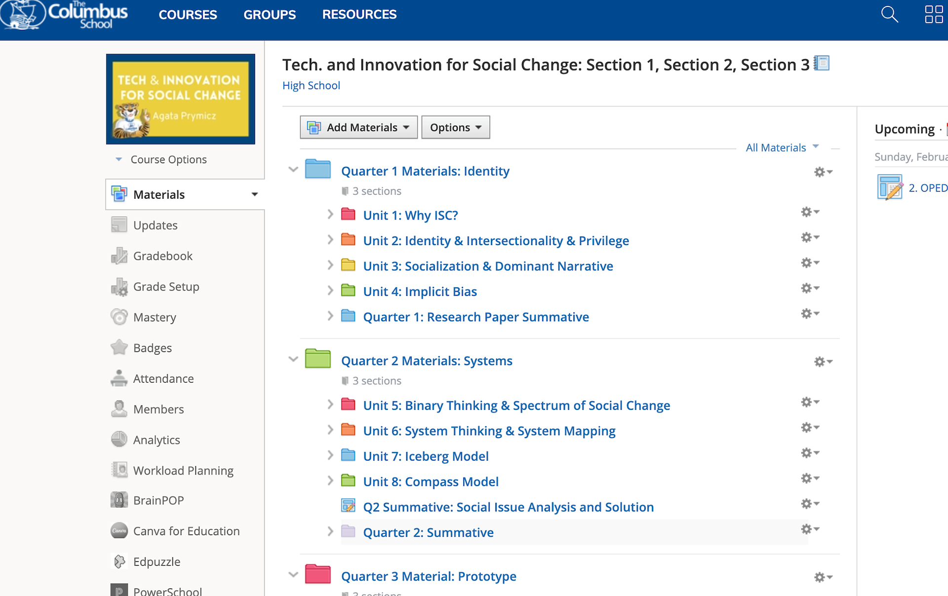 Course built on the LMS Schoology for in person learning.