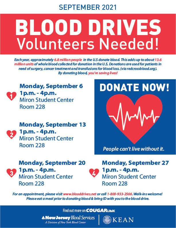 Flyer for Kean blood drives